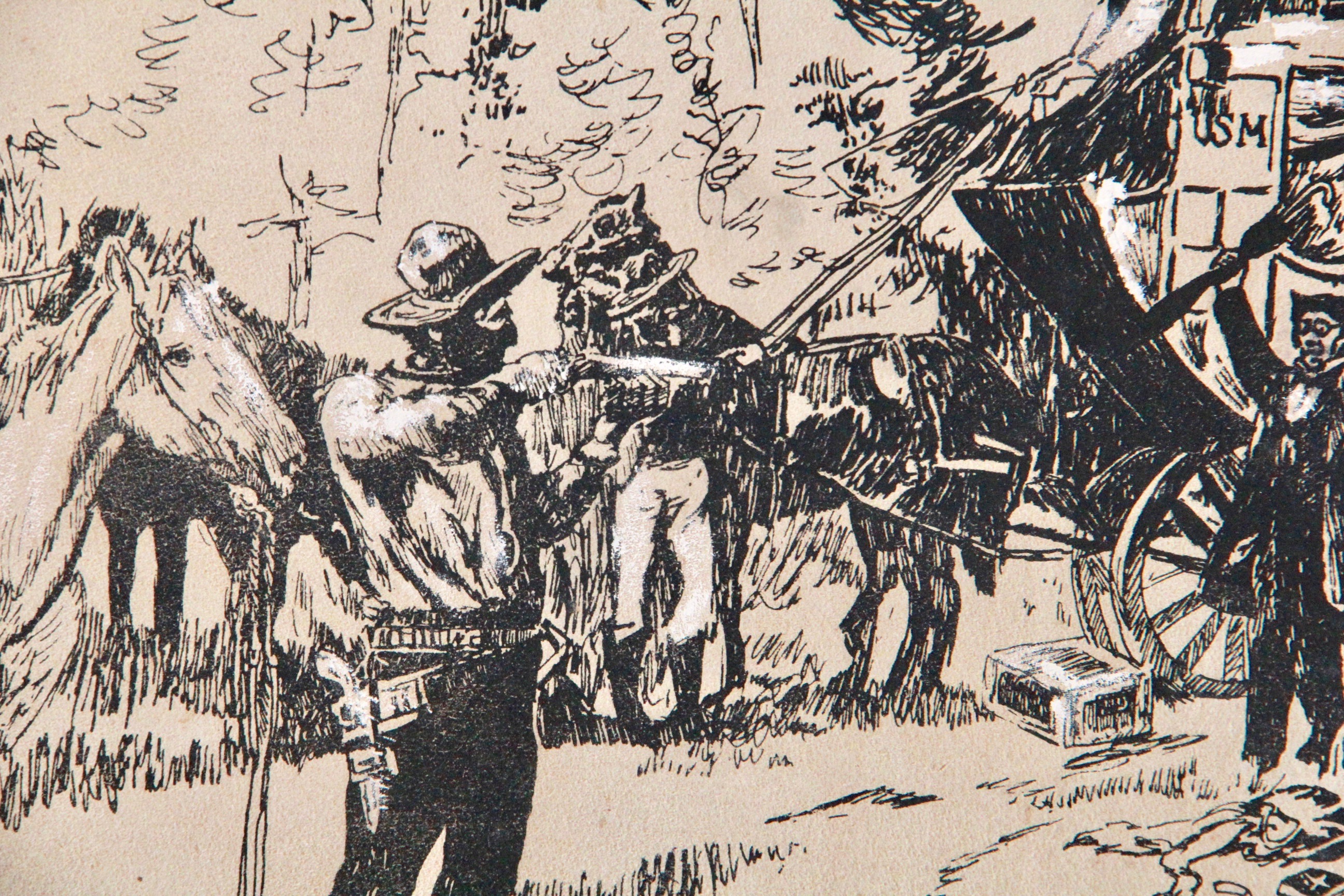 After Charles Marion Russell Print on Leather "The Hold Up (20 Miles to Deadwood)"