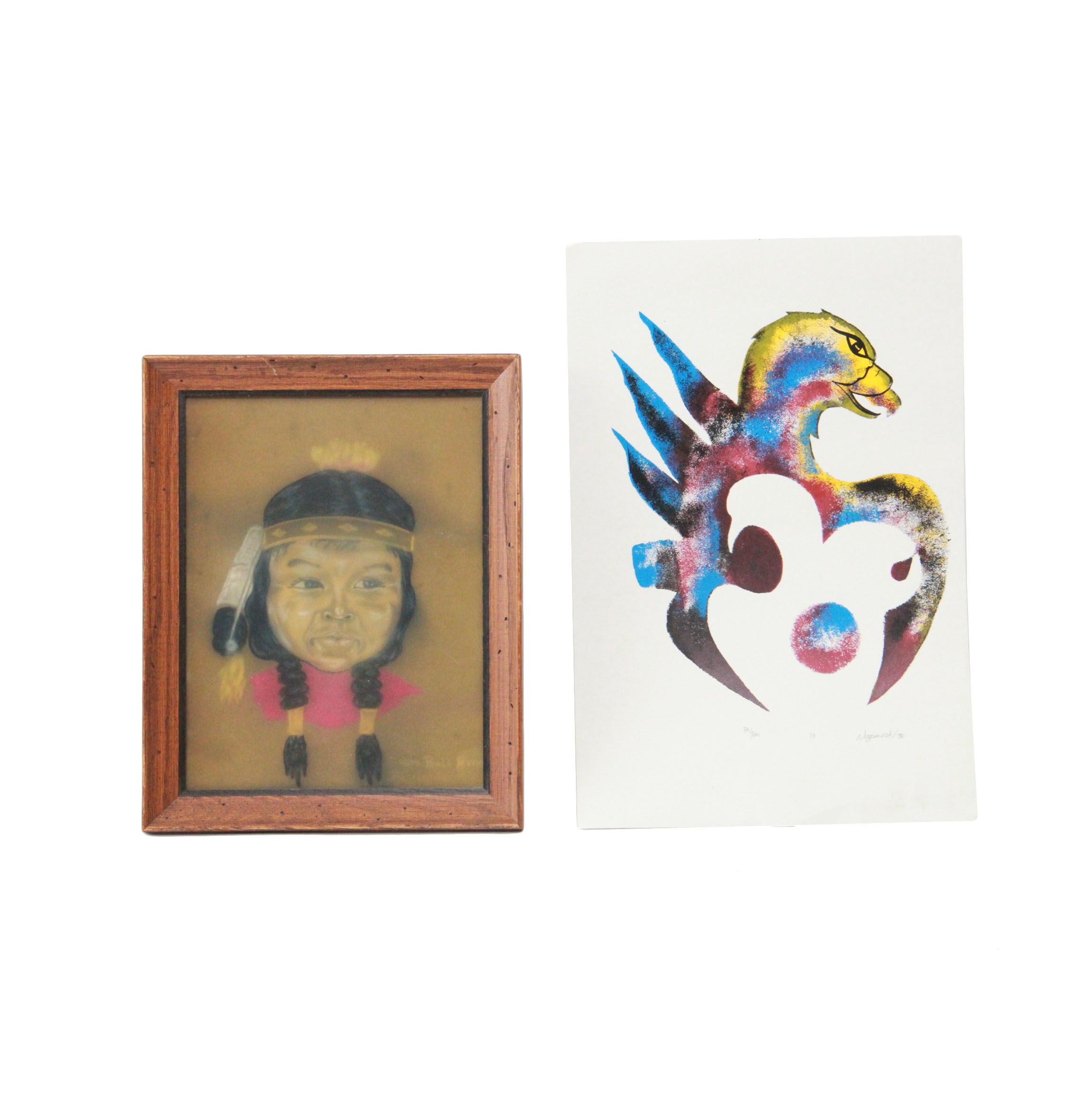 Russel Noganosh Silk Screen "IX" and CM Russel Reproduction Print on Leather