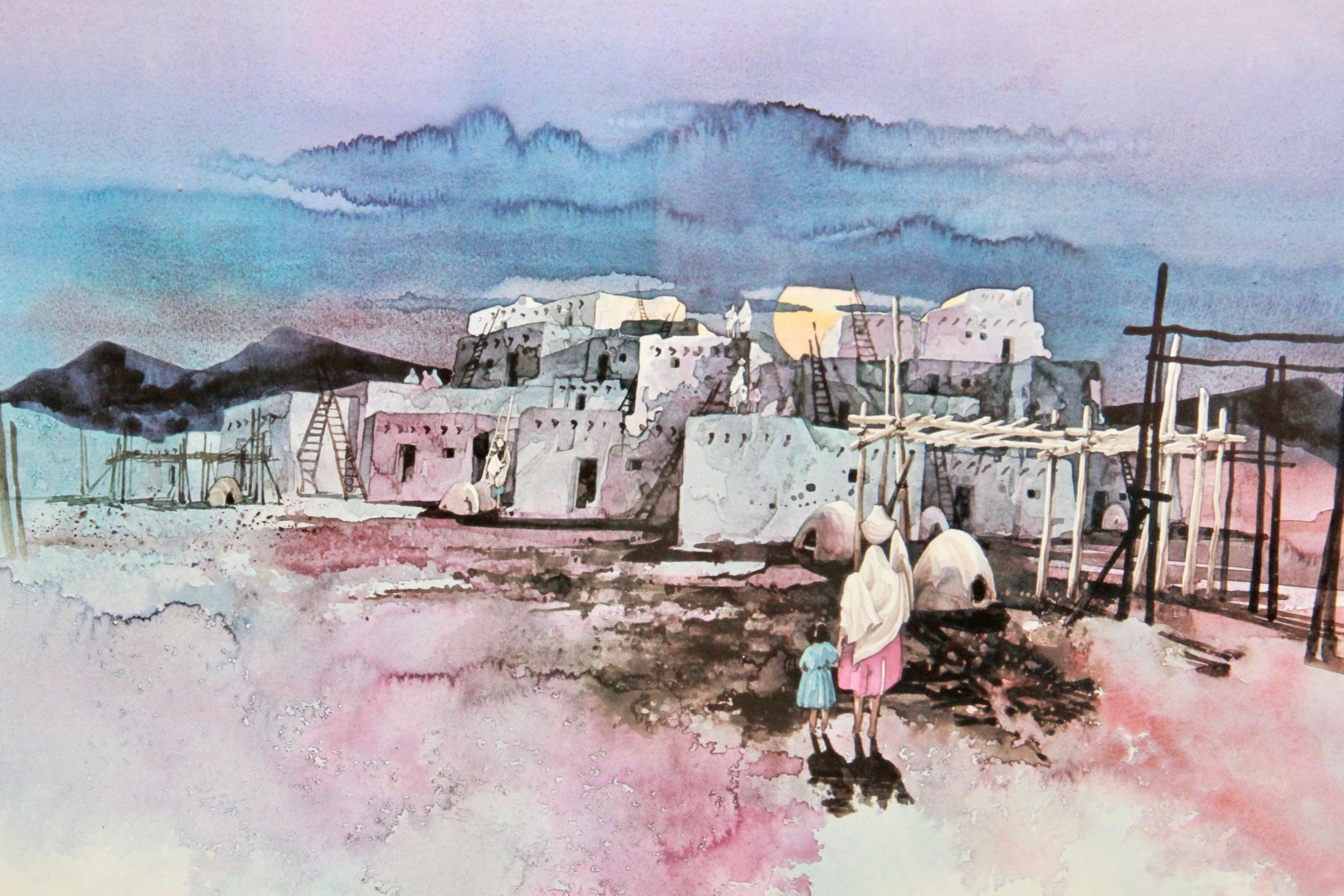 Offset Lithograph After Watercolor of Pueblos