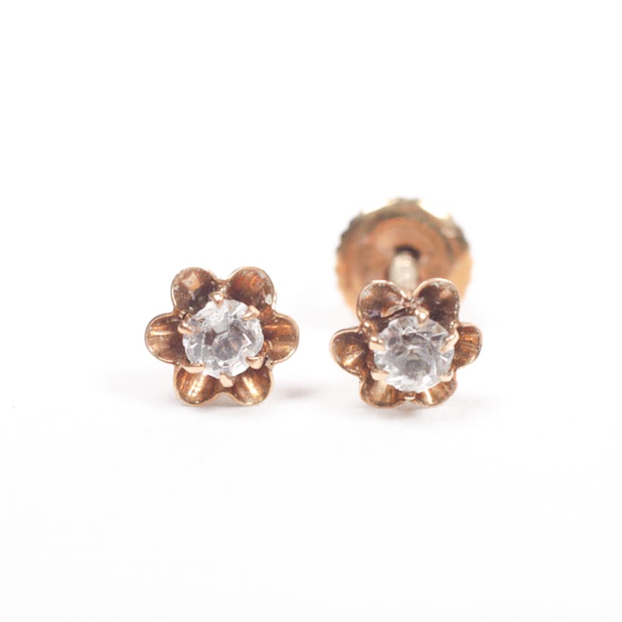 Yellow Gold Flower Stud Earrings with Stones