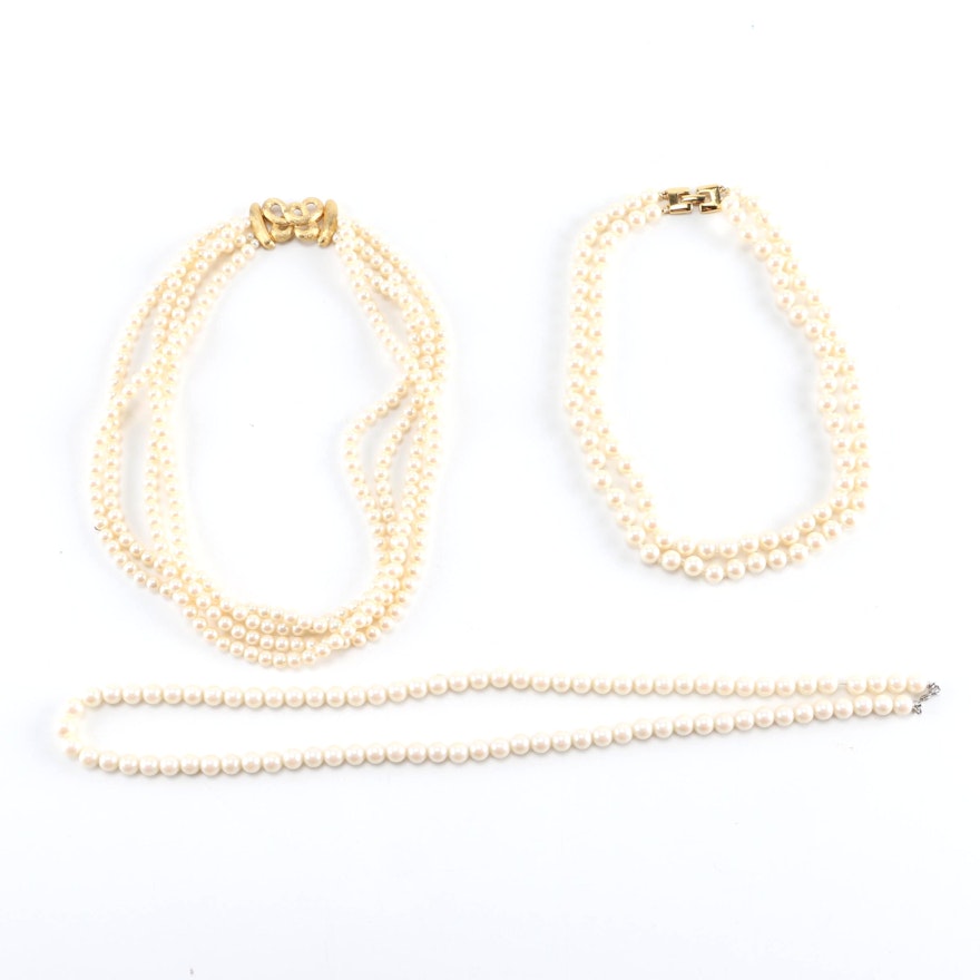 Three Faux Pearl Necklaces Featuring Monet