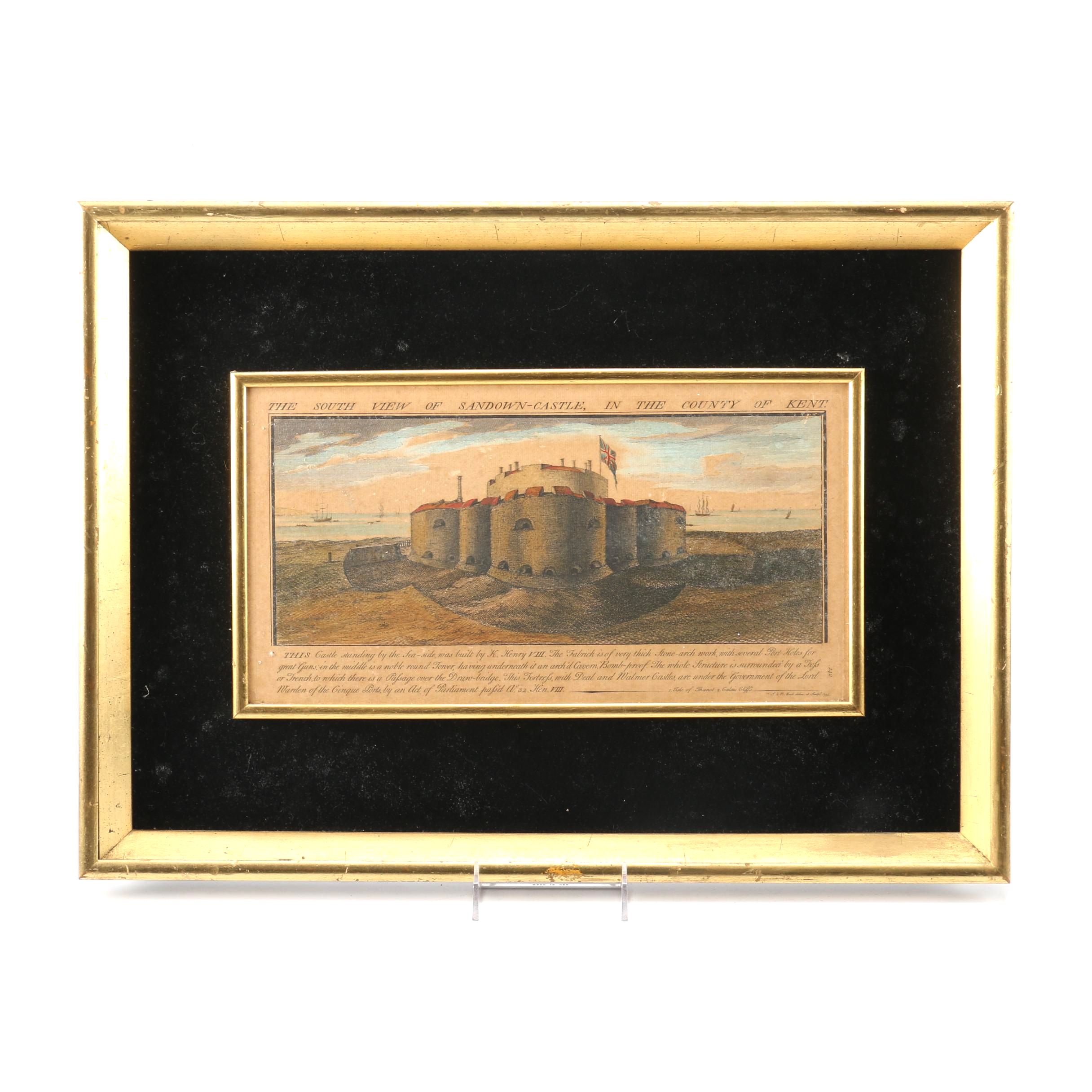 Buck Hand-Colored Engraving "The South View of Sandown-Castle, In the County of Kent"