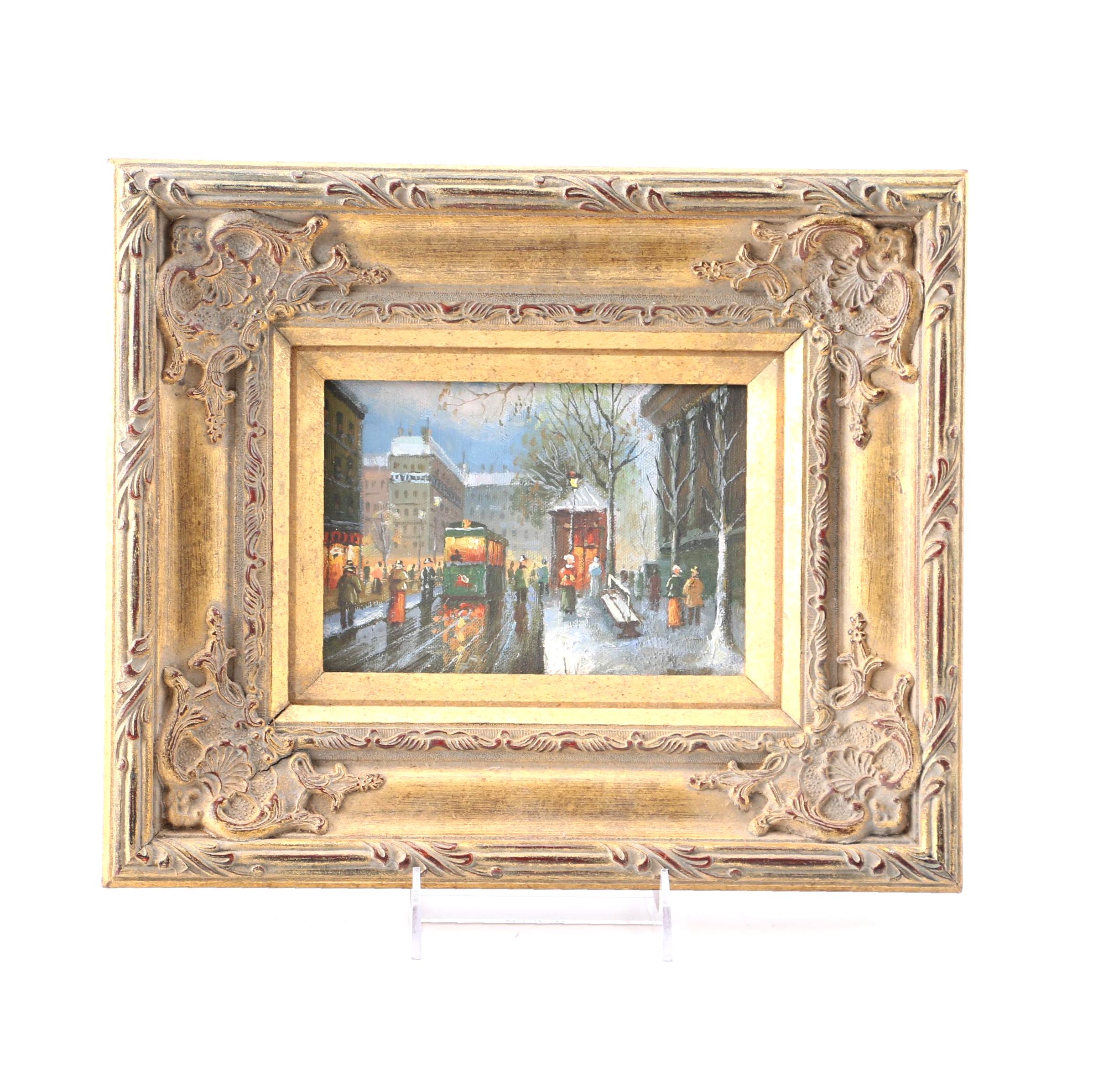 Framed Oil Painting of a Winter Street Scene
