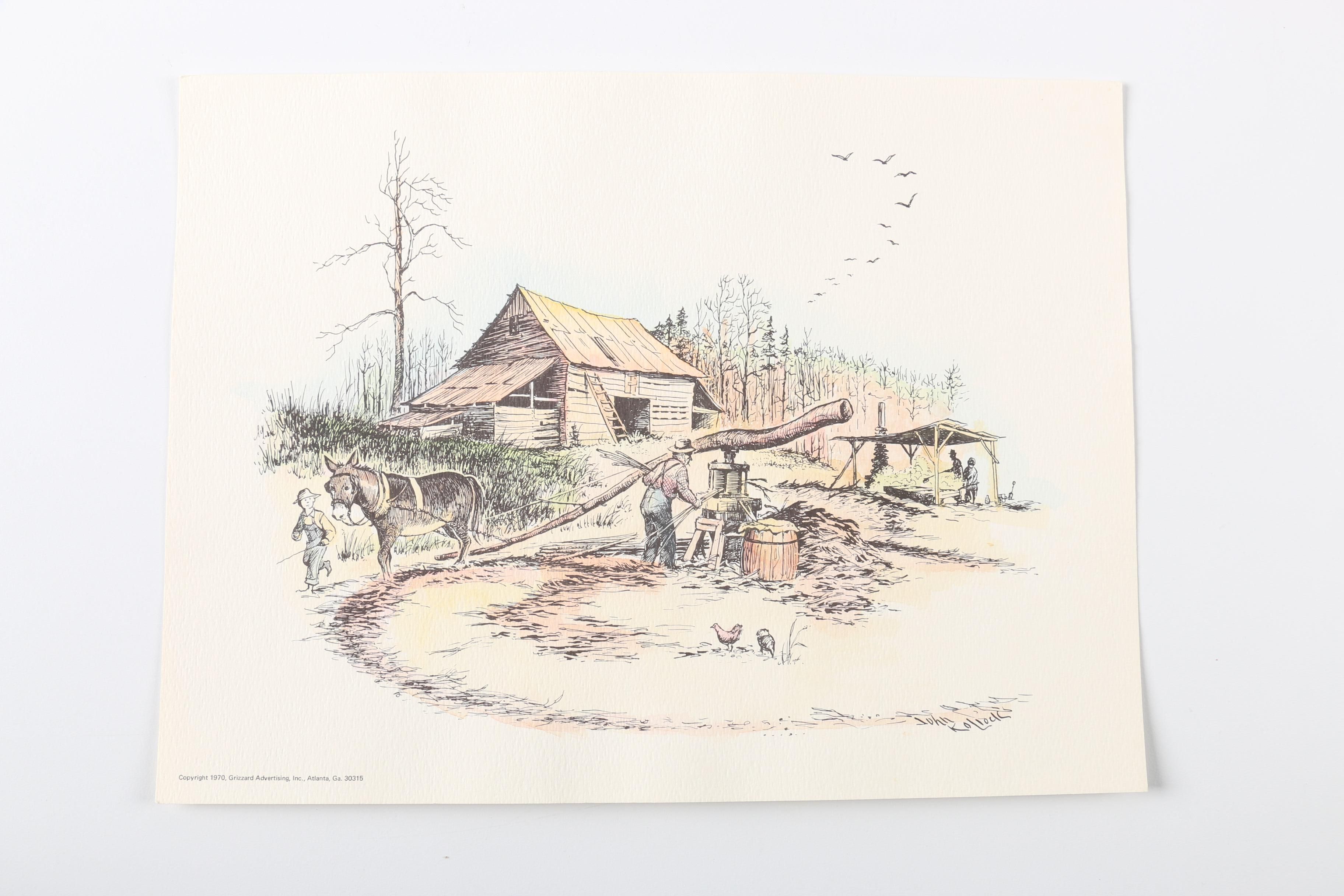 After John Kollock "Down Home" Lithograph Prints With Watercolor Embellishments