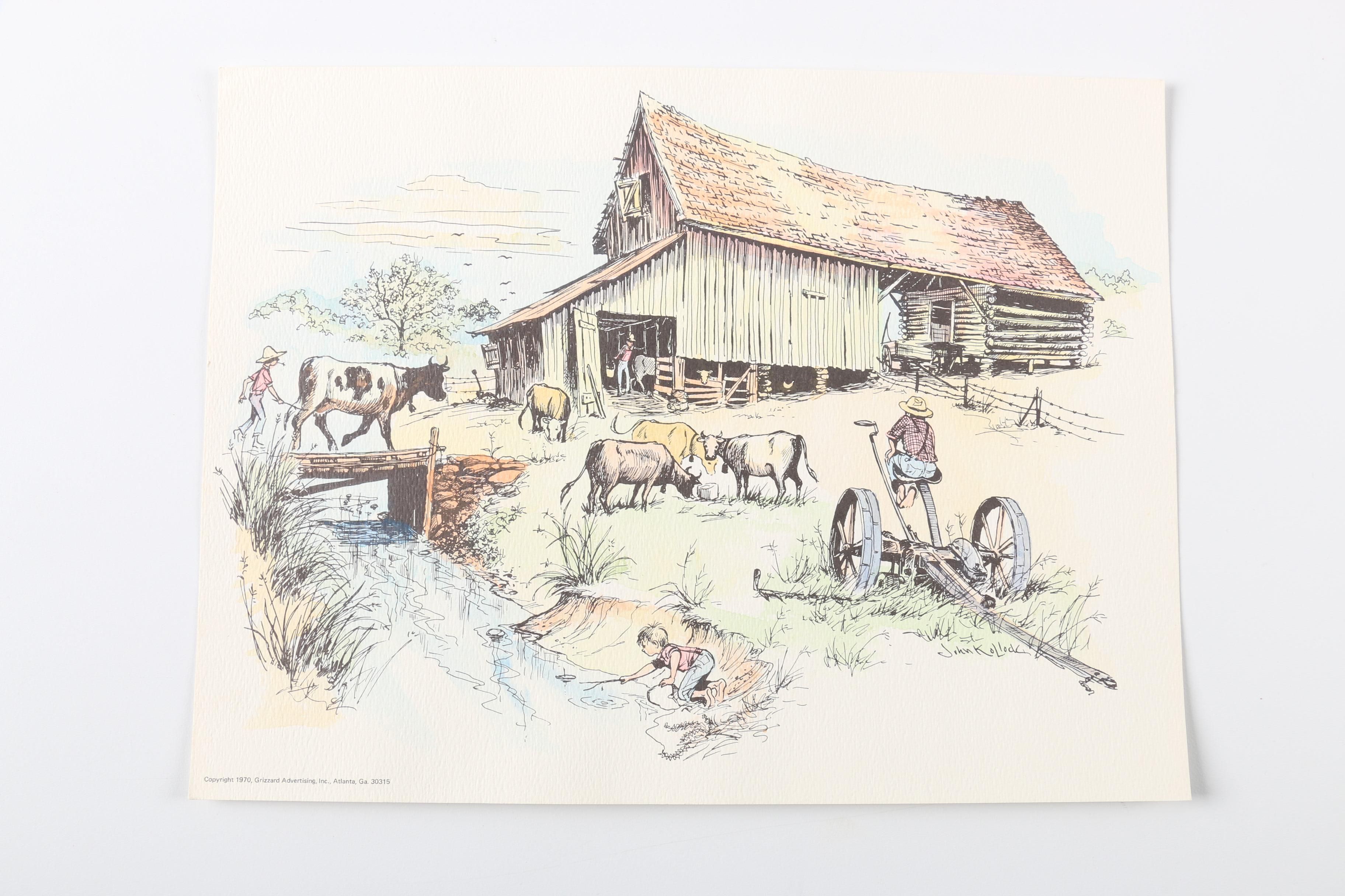 After John Kollock "Down Home" Lithograph Prints With Watercolor Embellishments
