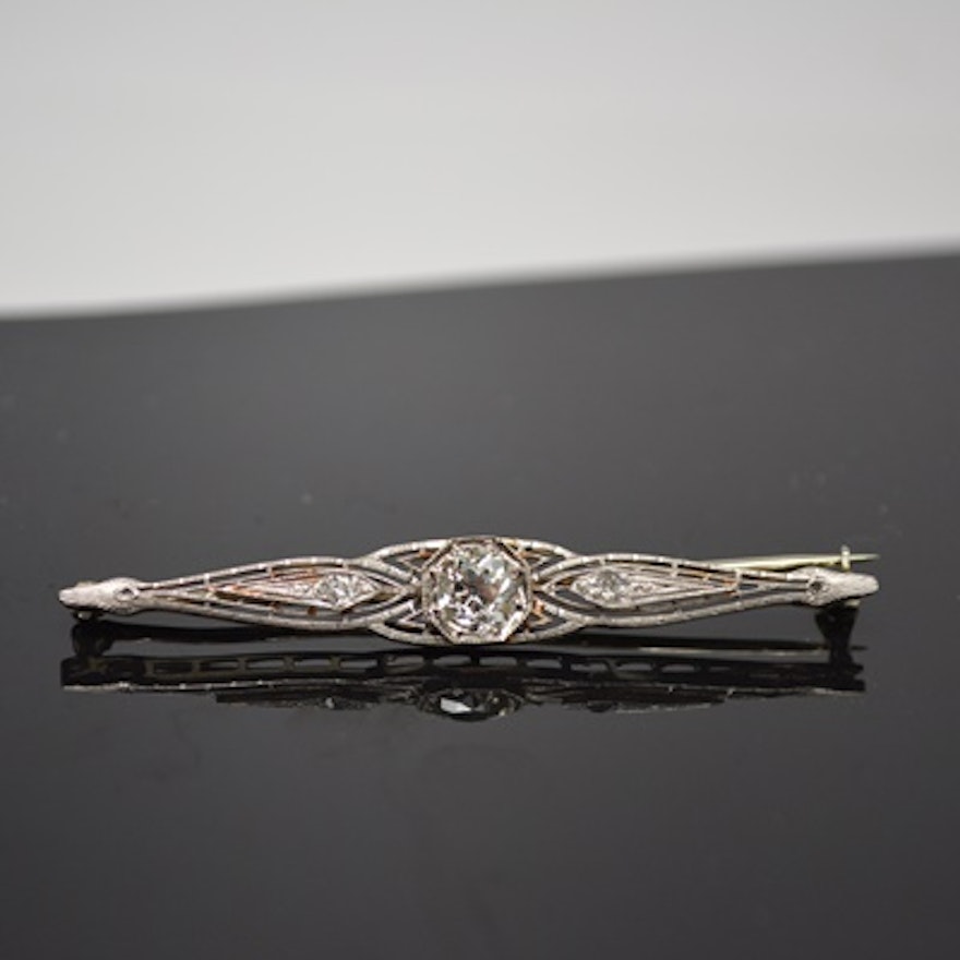 Antique Edwardian Platinum and 18K White Gold 0.96 CTW Diamond Bar Brooch