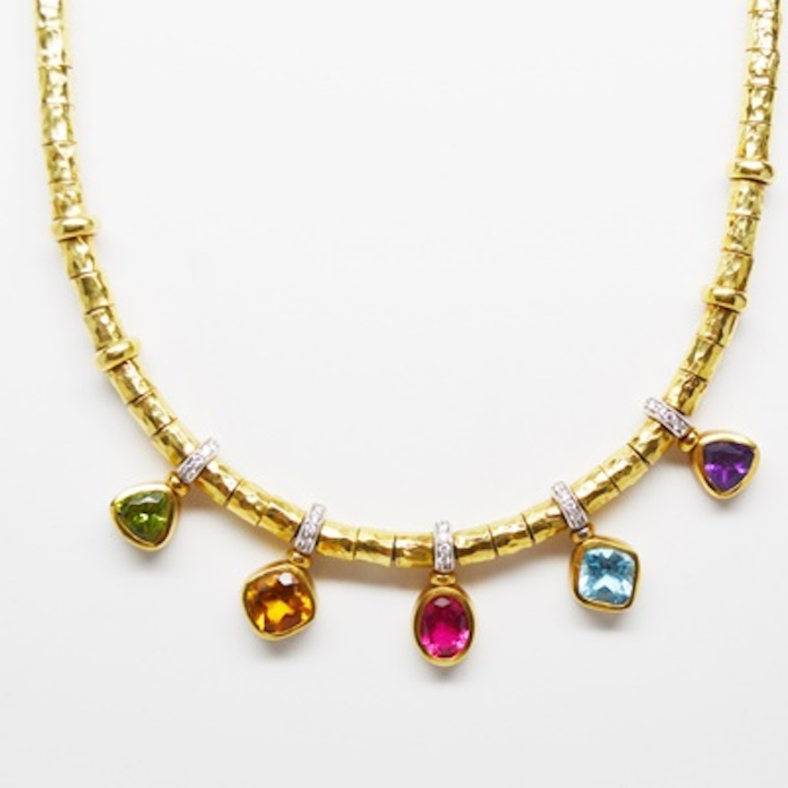18K Yellow Gold Hammered Bead, Diamond and Gemstone Necklace