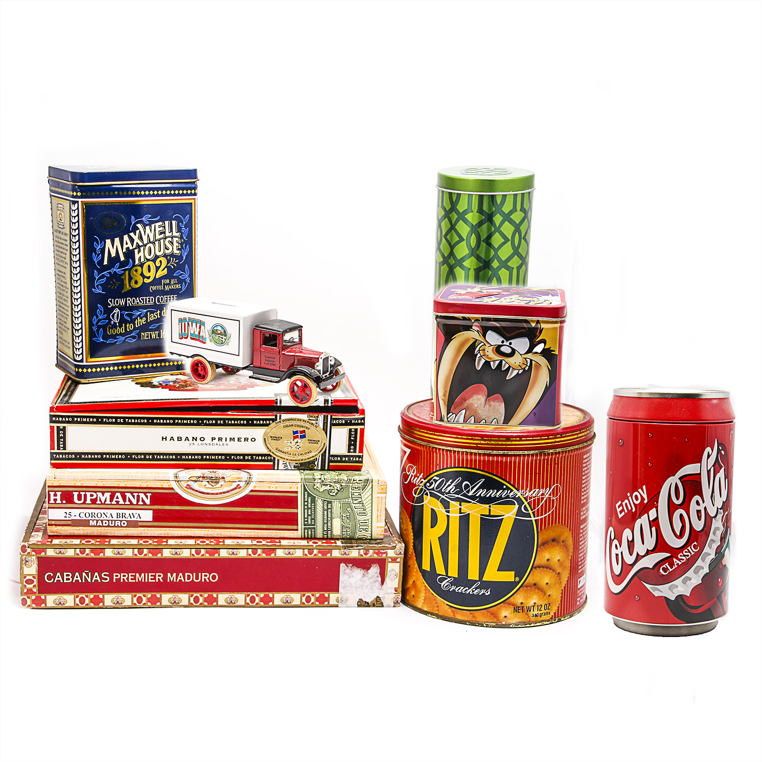Collection of Vintage Style Tins, Banks and Cigar Boxes