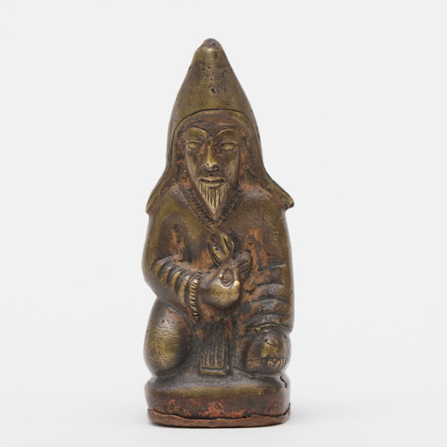 Tibetan Brass Figurine of a Monk or Lama with Double-Vajra Mark
