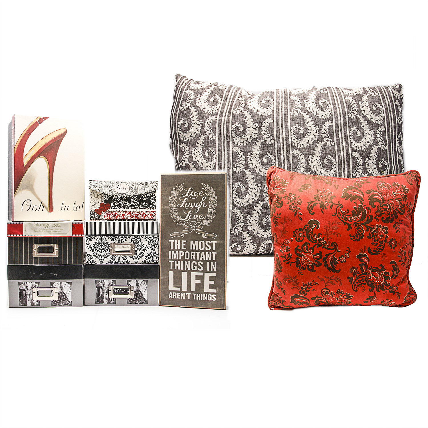 Collection of Storage Boxes, Decorative Pillows, and Home Decor