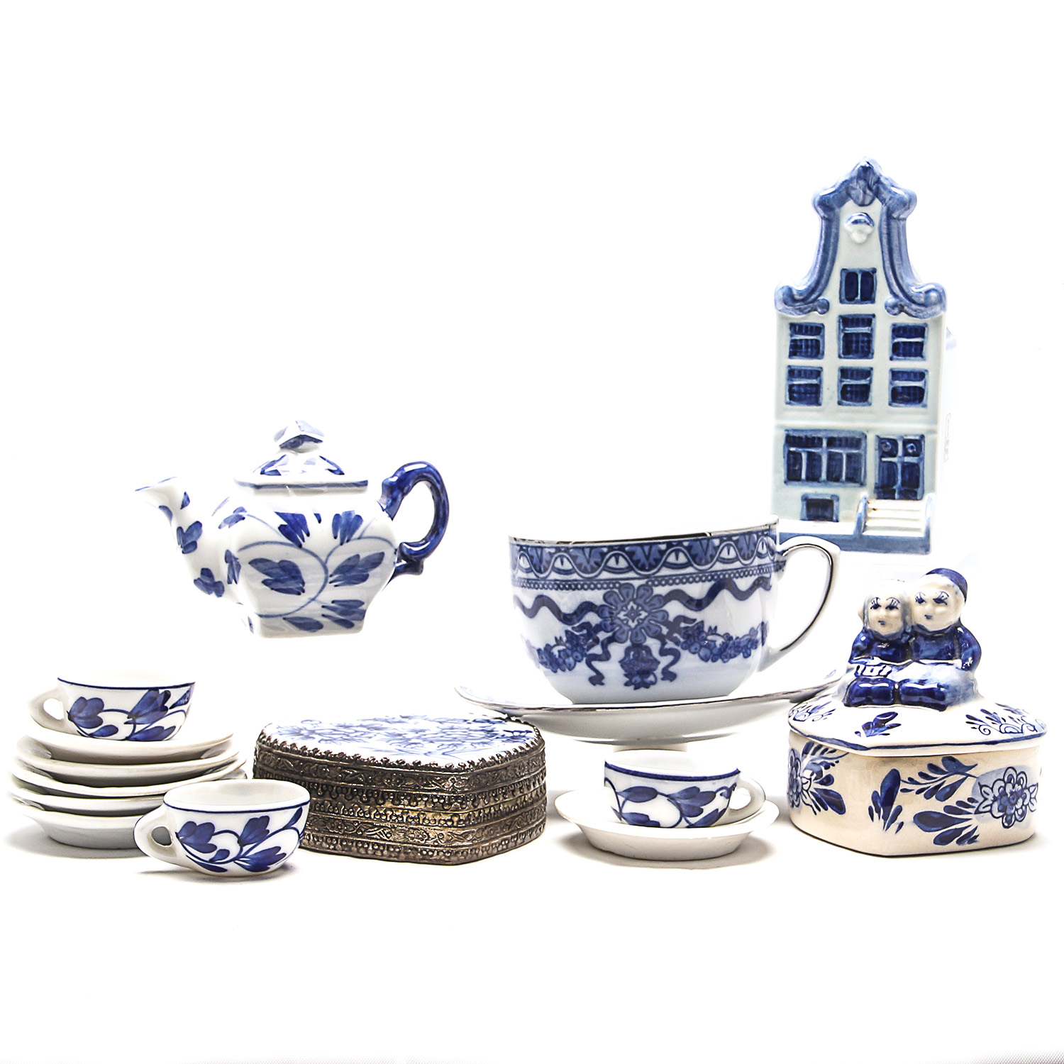 Blue and White Ceramic Items Including Miniature Tea Set