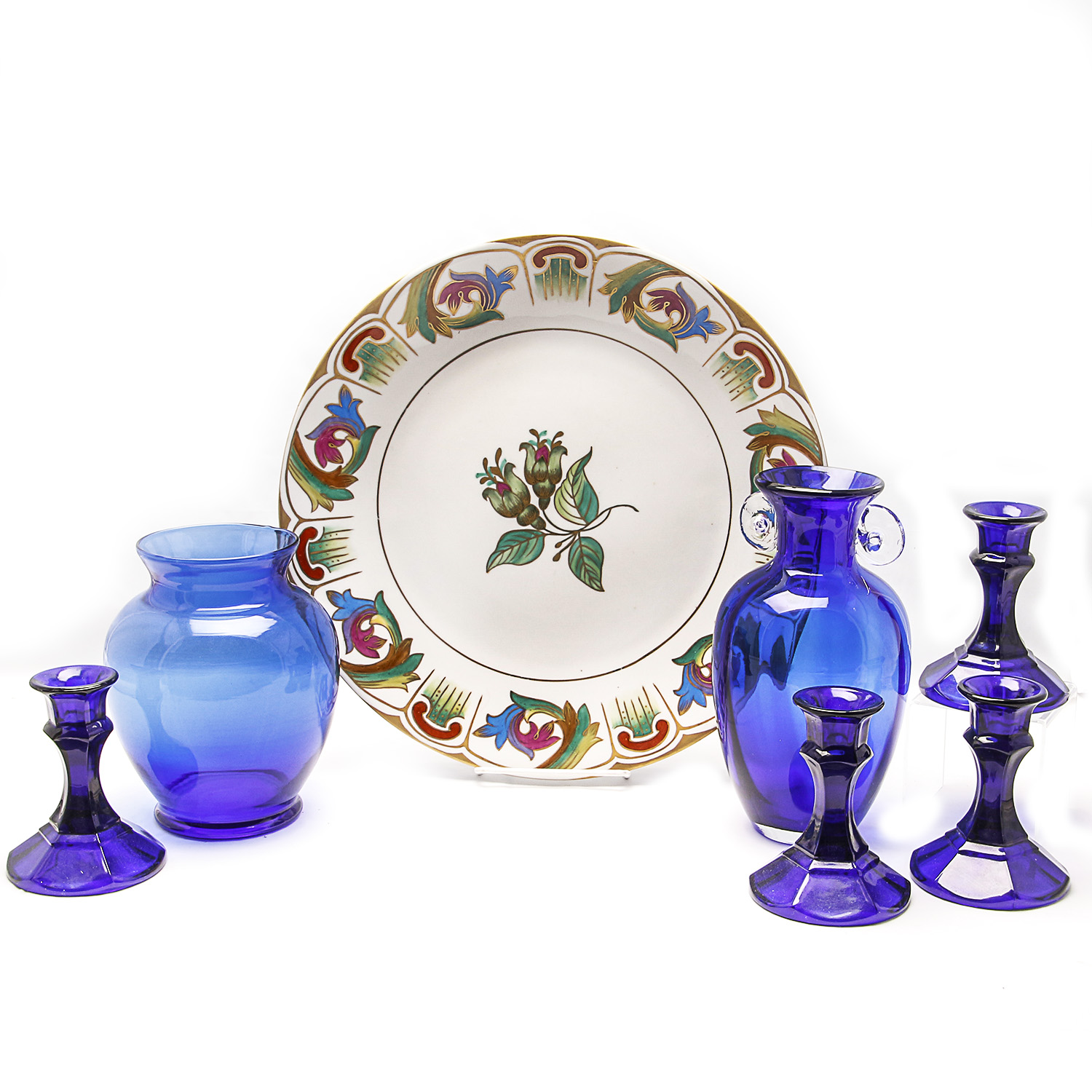 Cobalt Blue Glass Decor and Handpainted Ceramic Plate