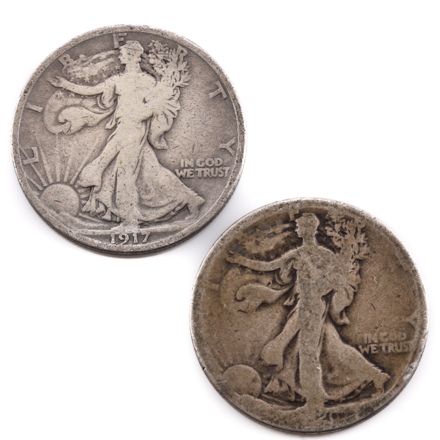 Group of Two Walking Liberty Silver Half Dollars Including the Following: 1917 and 1920 D