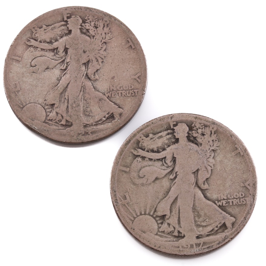 Group of Two Walking Liberty Silver Half Dollars Including the Following: 1917 D (reverse) and 1923 S