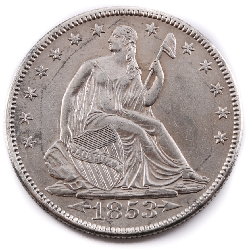 1853 with Arrows and Rays Seated Liberty Silver Half Dollar