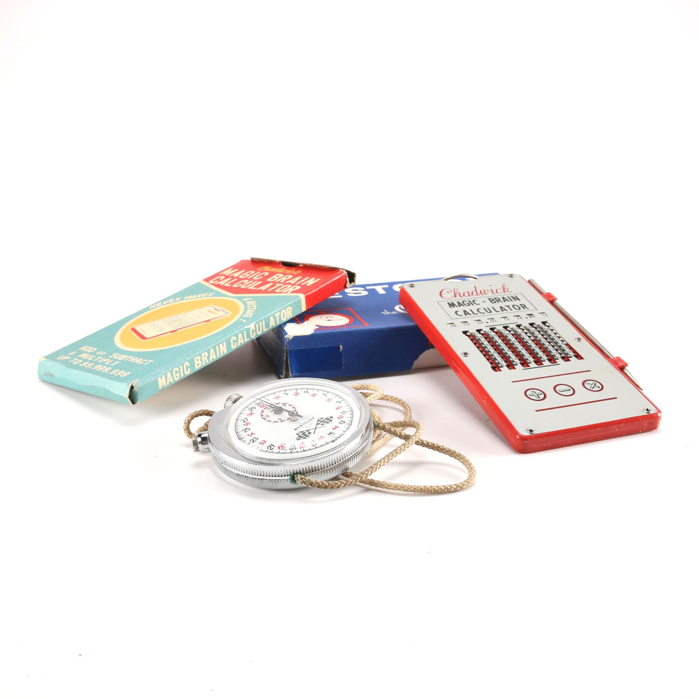 Westclox Checkered Flag Stopwatch and Chadwick Mechanical Calculator