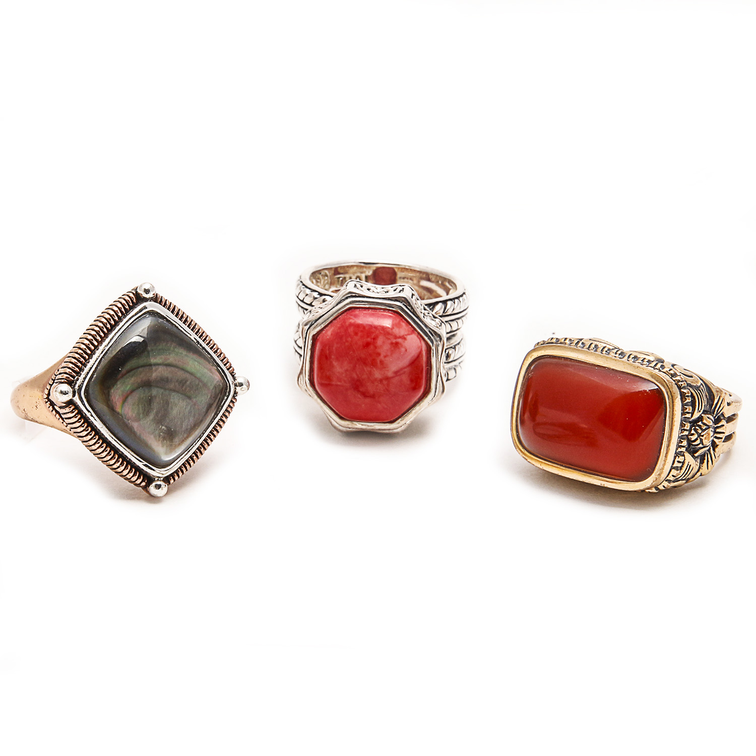 Set of Three Rings by Barse including Mother of Pearl, Carnelian, and Coral