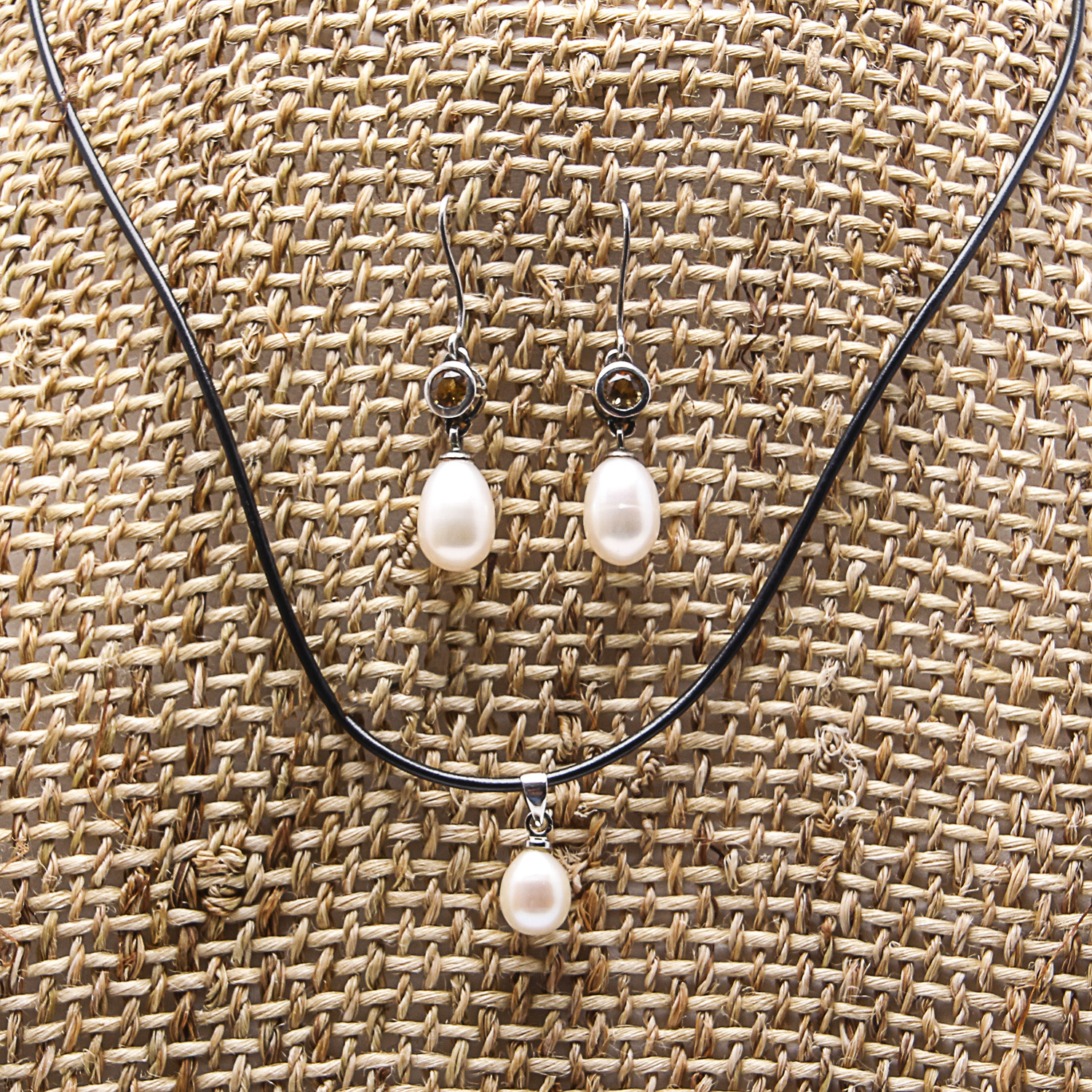 Drop Pearl Necklace Pearl and Topaz Earrings