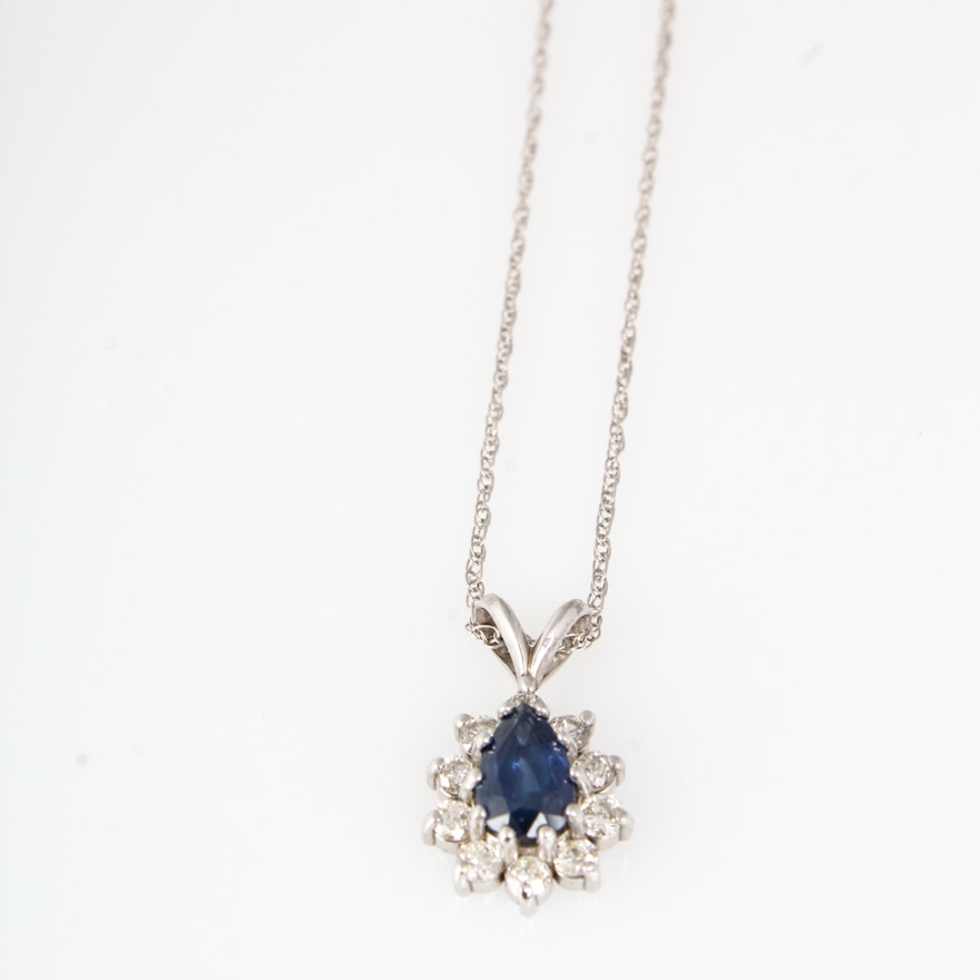 14K White Gold Natural Sapphire 0.40 CTW Diamond Pendant Necklace