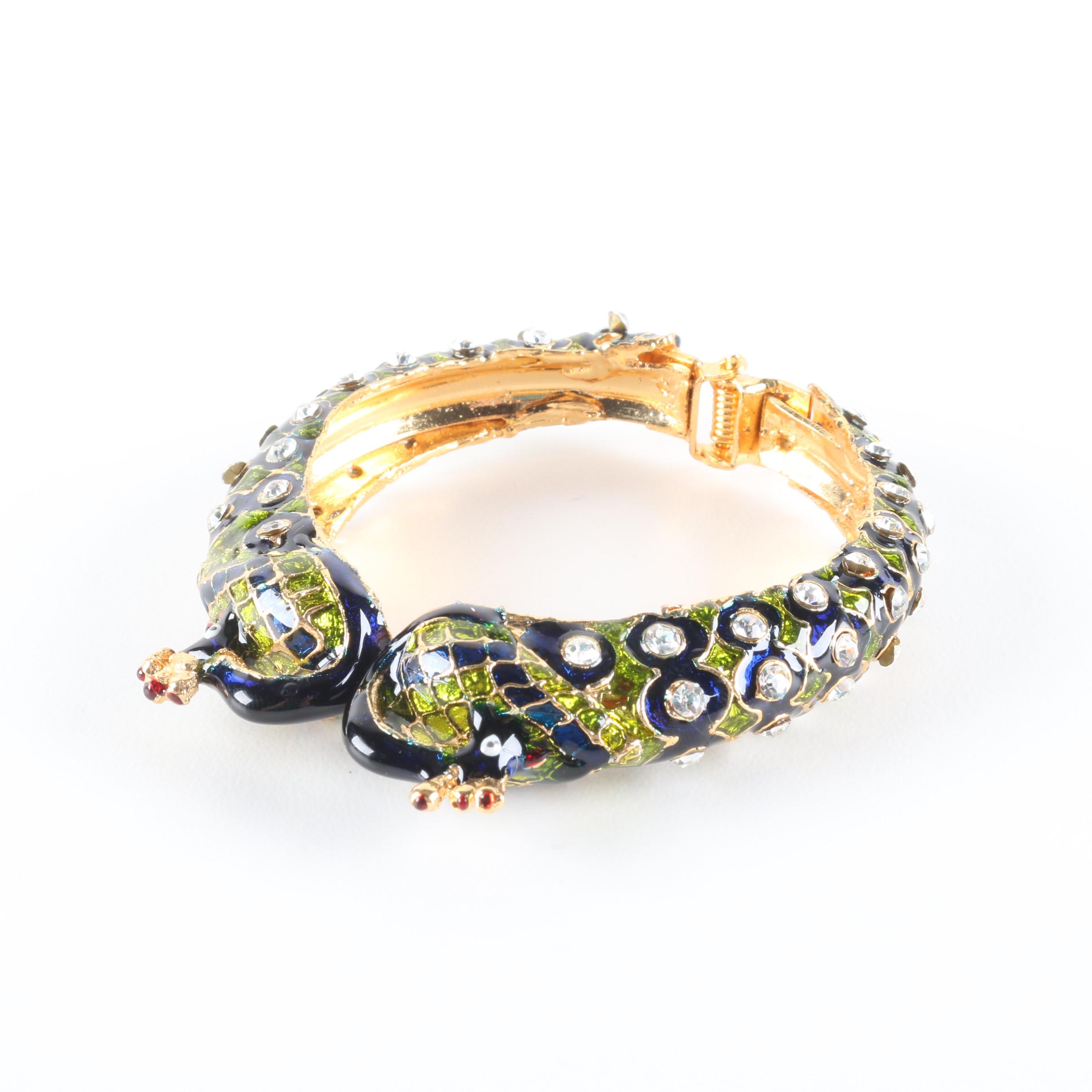 Enameled Peacock Bangle Bracelet With Rhinestones
