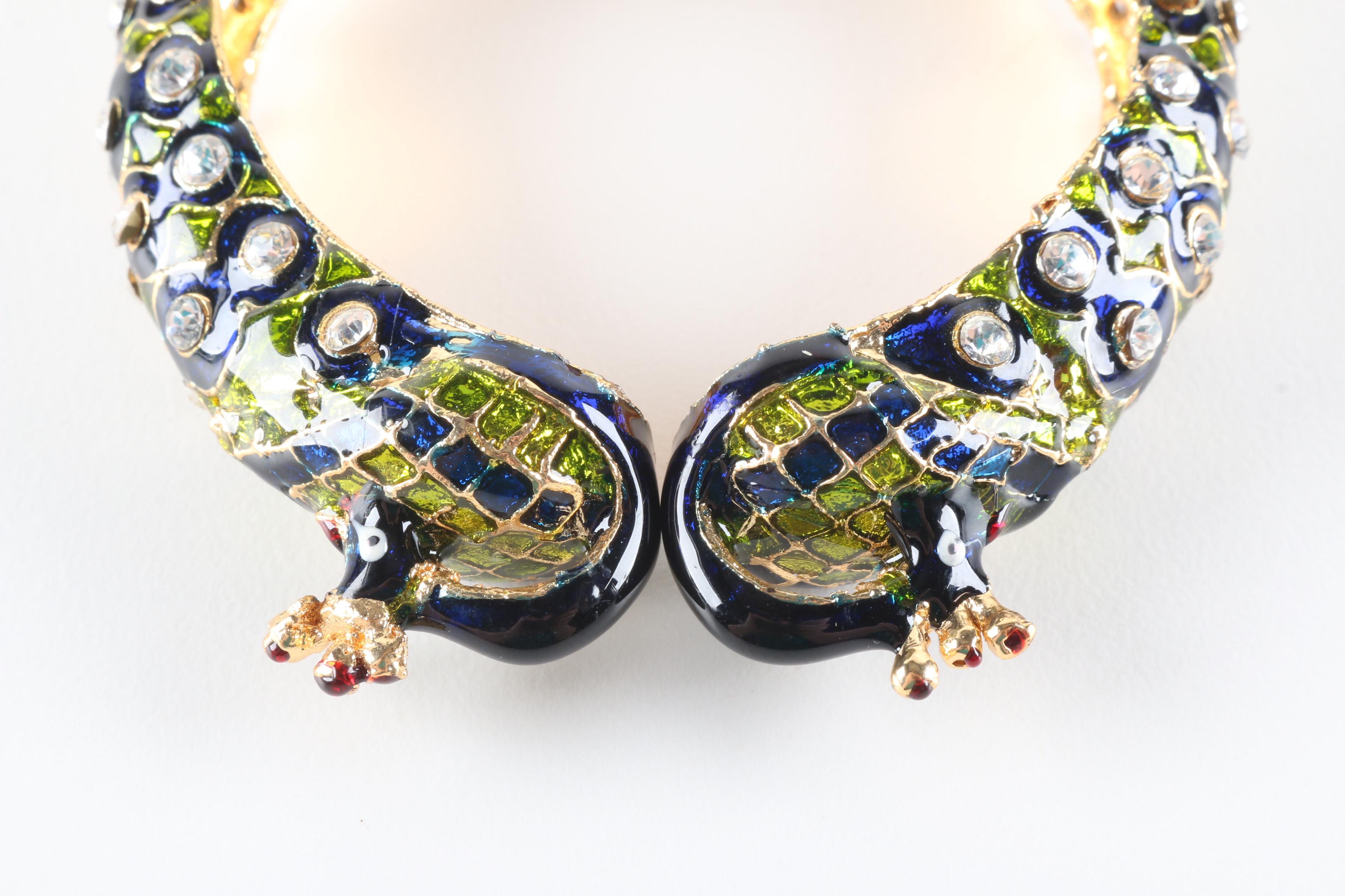 Enameled Peacock Bangle Bracelet With Rhinestones