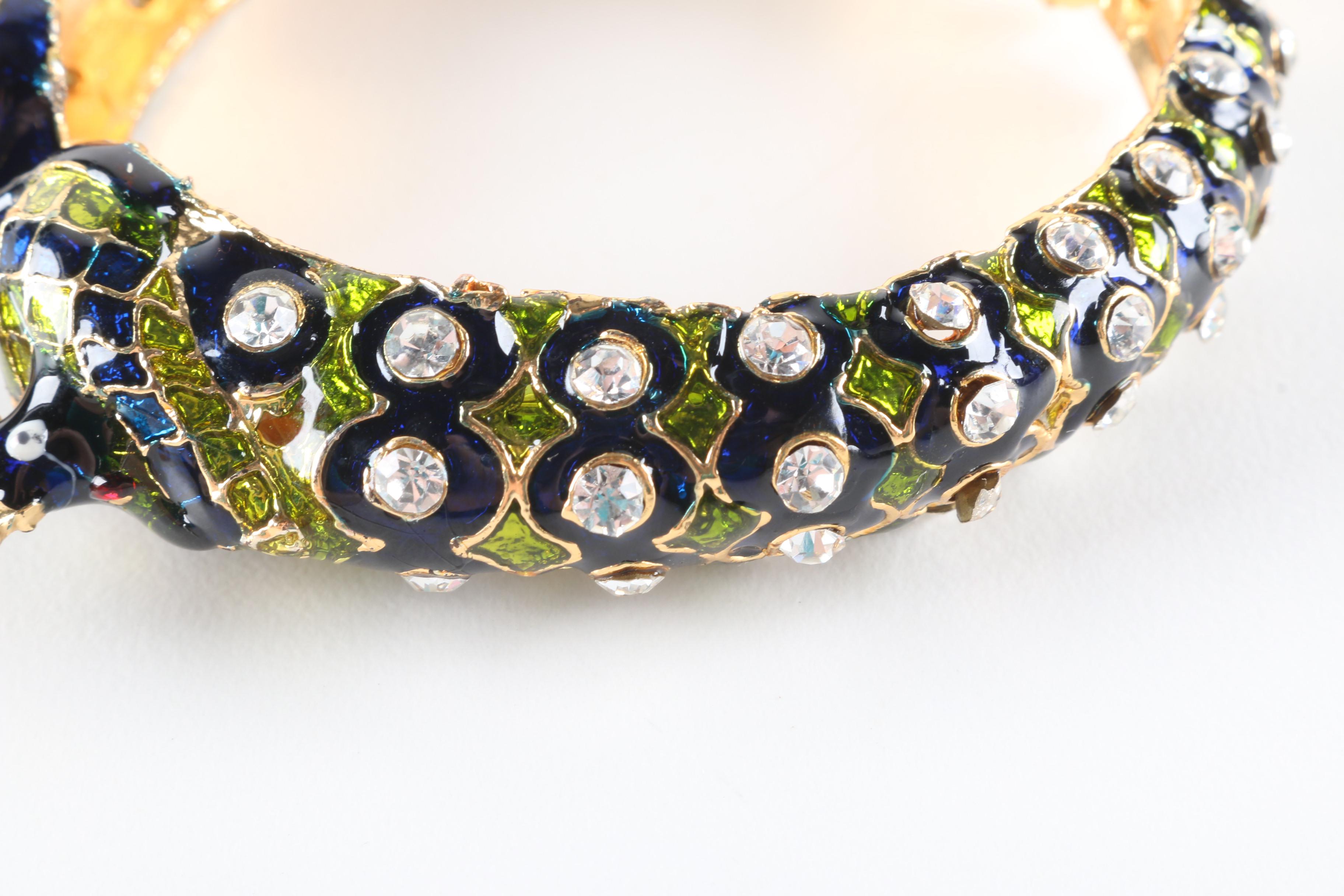 Enameled Peacock Bangle Bracelet With Rhinestones