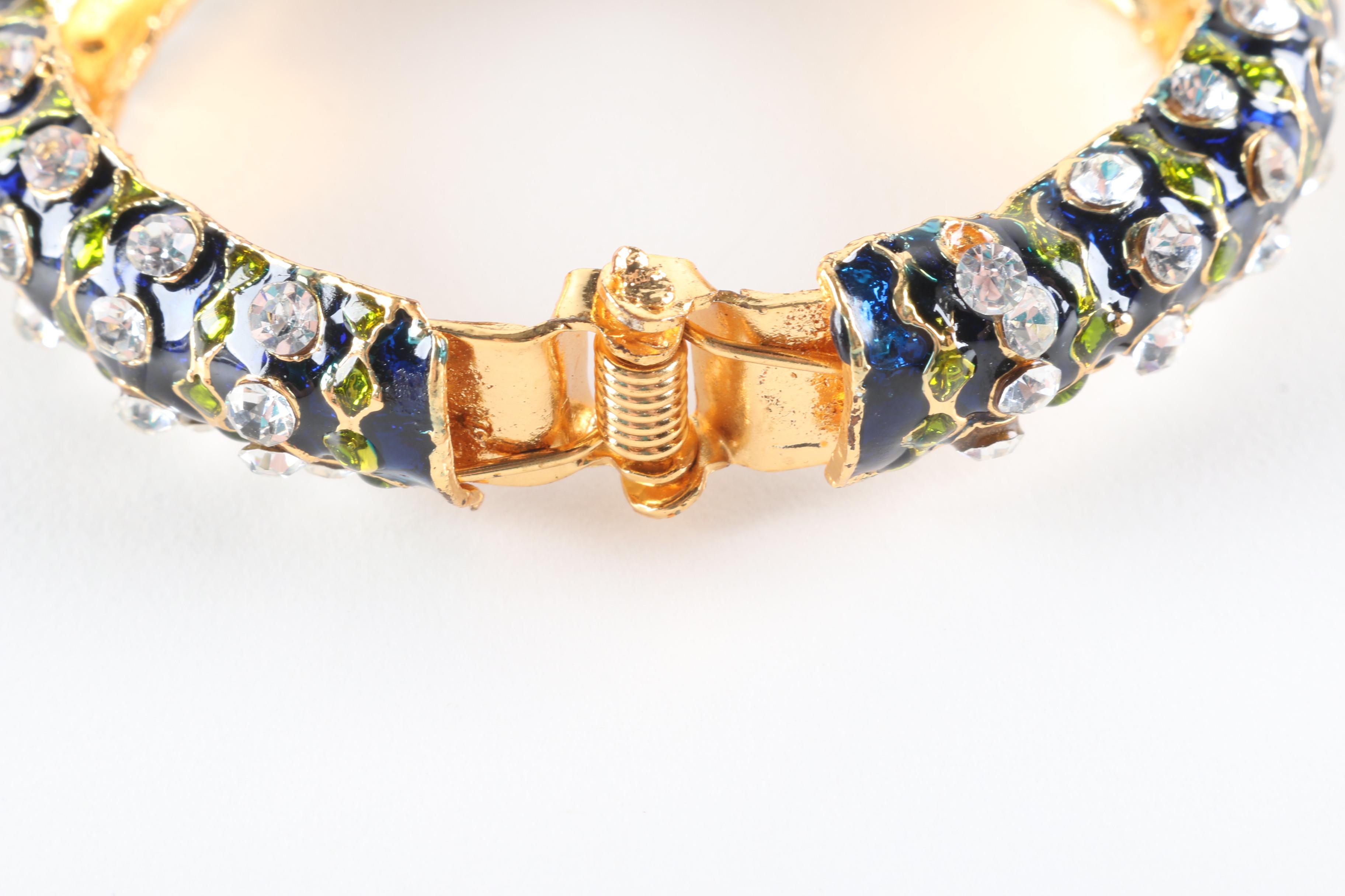 Enameled Peacock Bangle Bracelet With Rhinestones