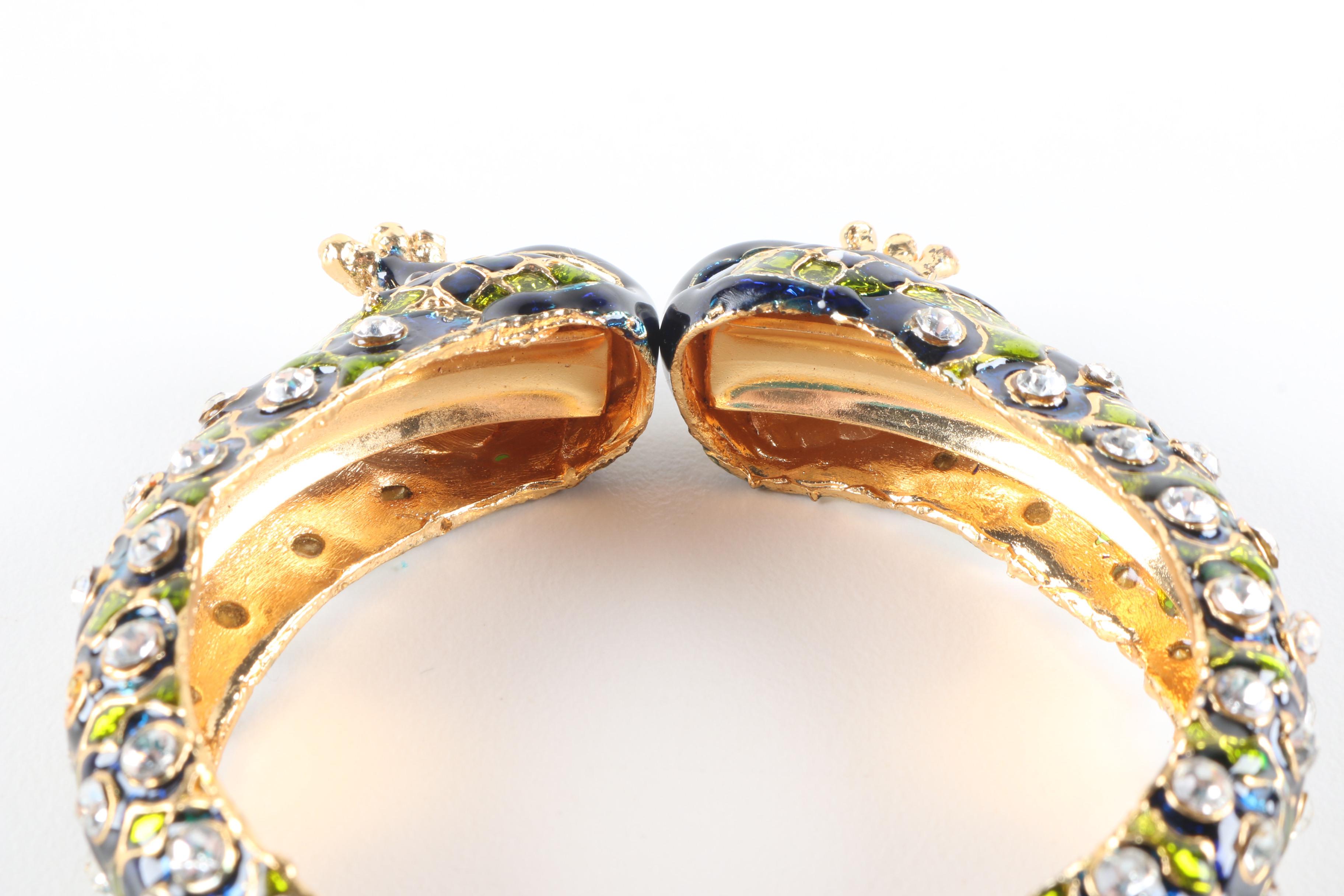 Enameled Peacock Bangle Bracelet With Rhinestones