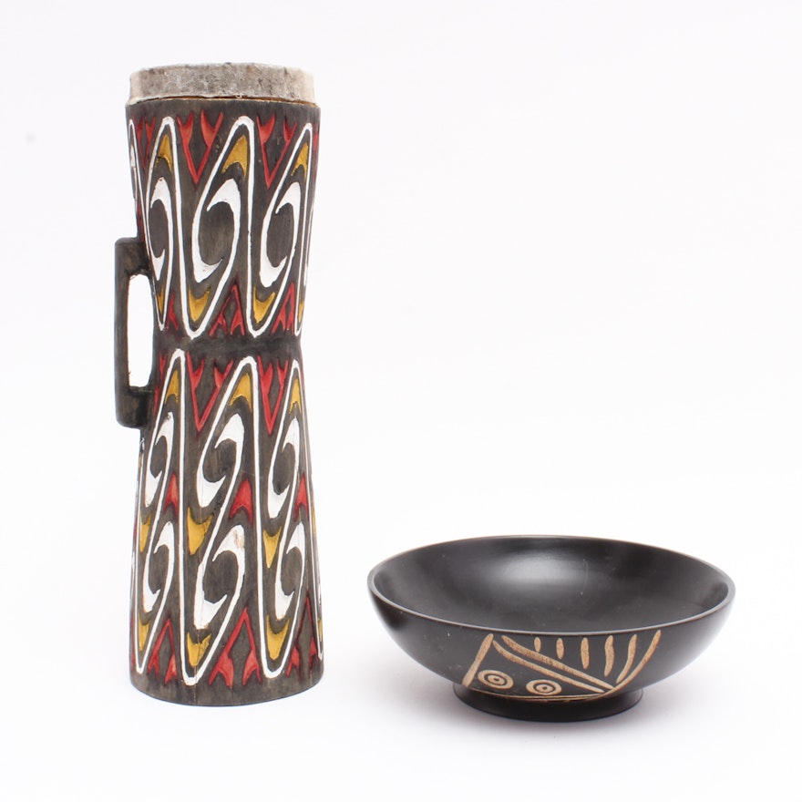 Carved Wooden Bowl and Talking Drum