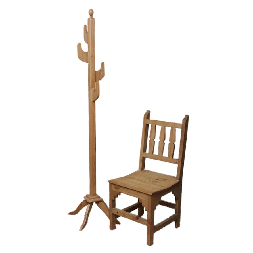 Wooden Coat Rack and Rustic Wood Chair