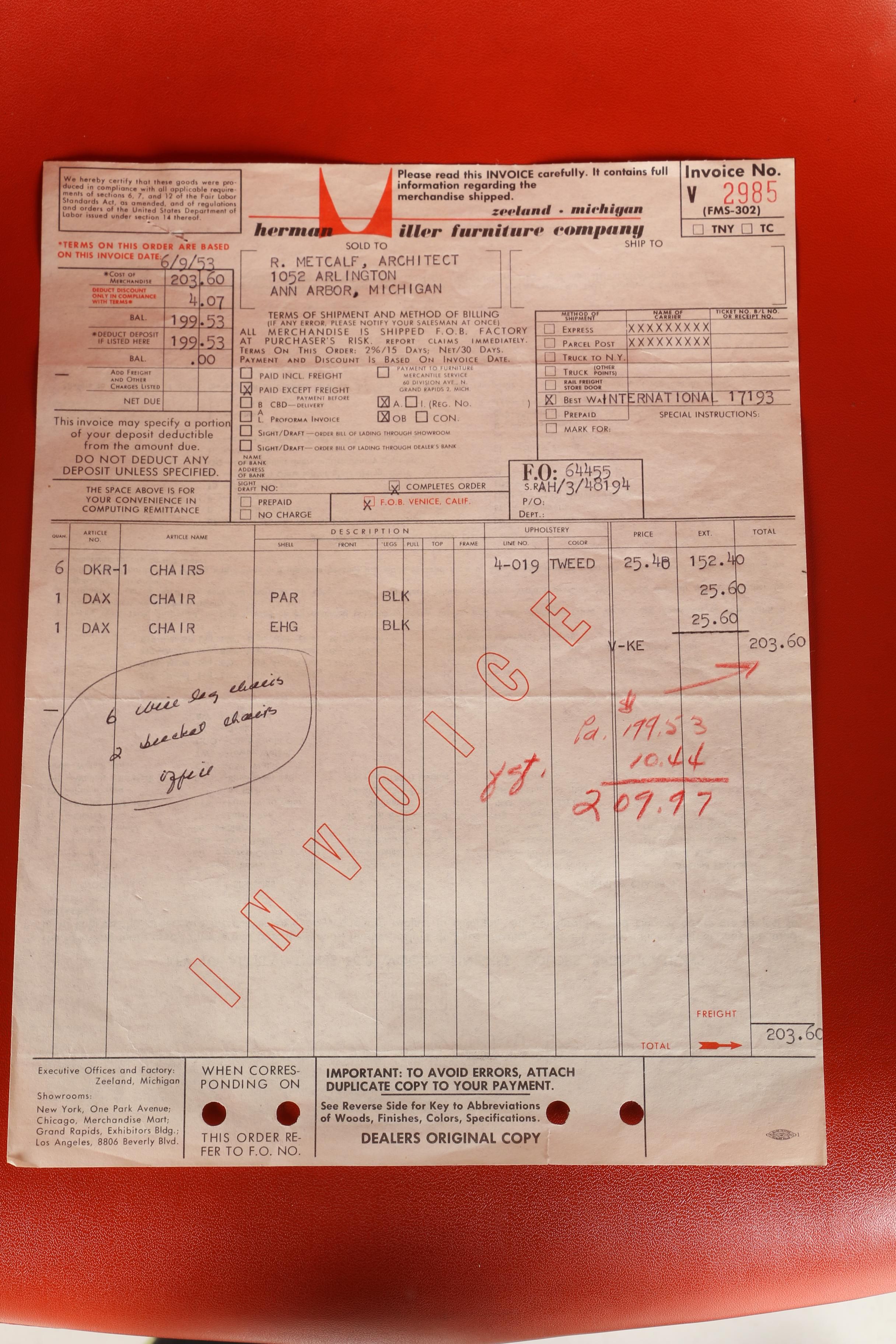 Mid Century Modern "DAX" Shell Chair by Eames for Herman Miller With Invoice