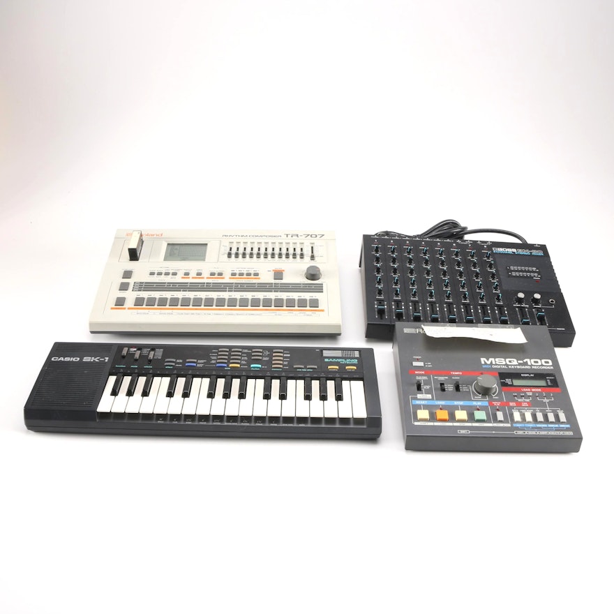 Roland Drum Machine and MIDI Recorder, Boss Mixer, Casio Keyboard