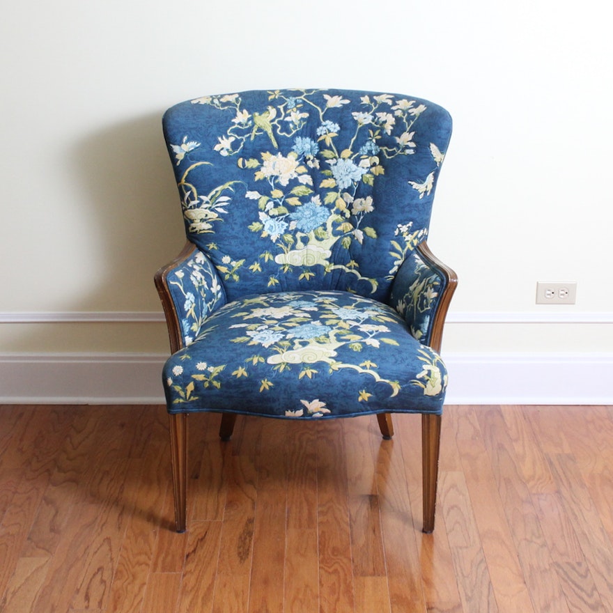 Vintage Wingback Chinoiserie Upholstered Armchair