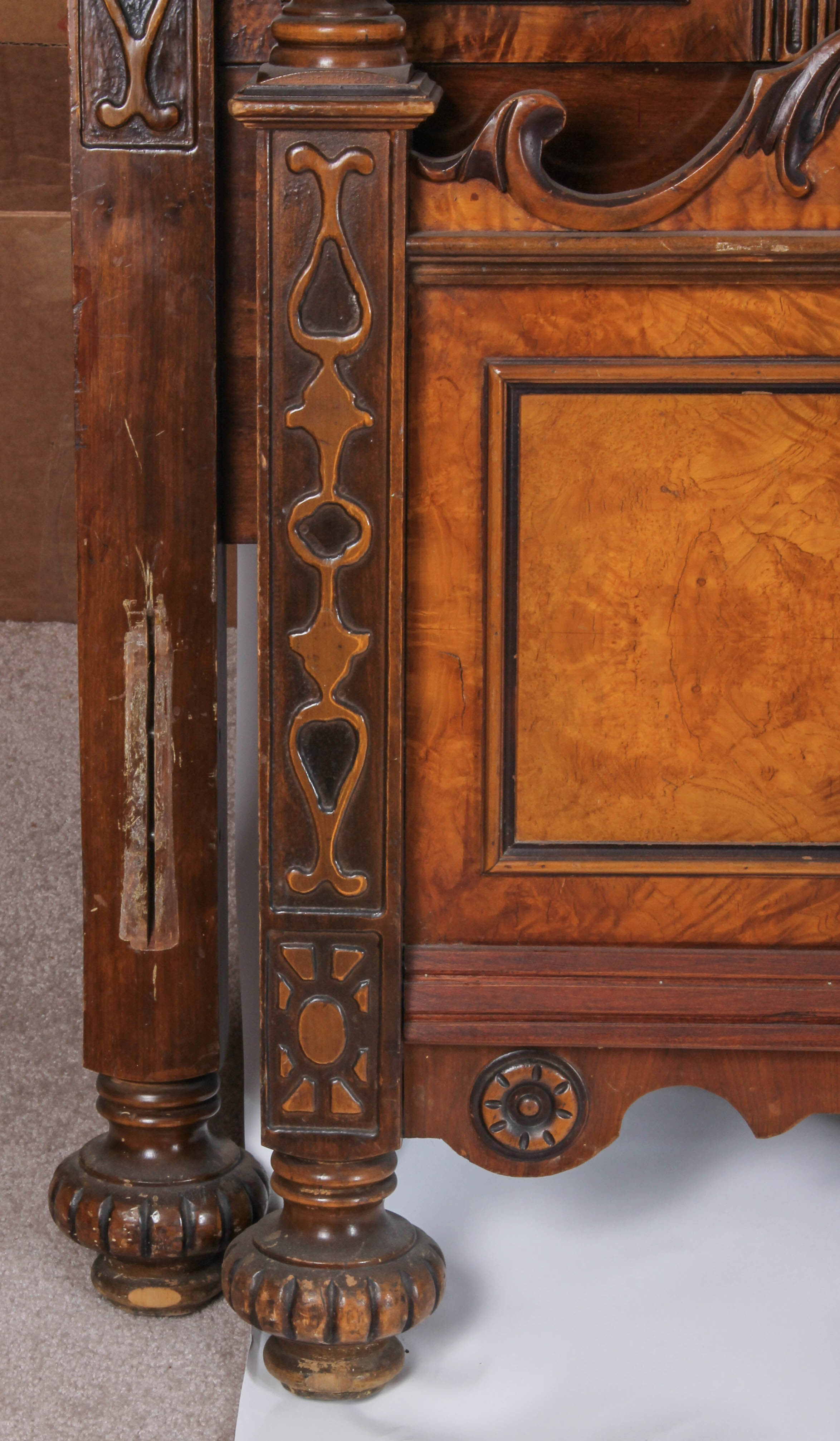 Antique Burl Wood Eastlake Style Bed Frame (Full Size)