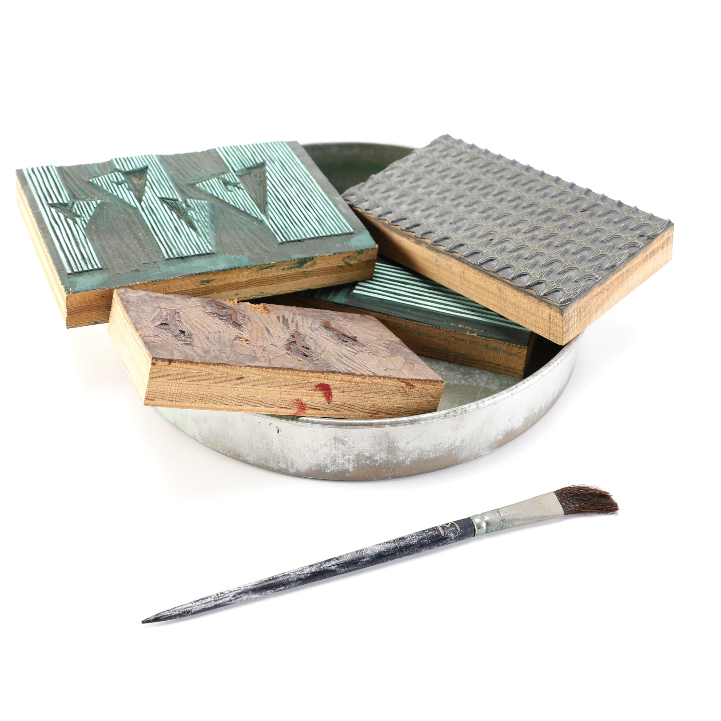 Assortment of Art Supplies Including F. Weber Linoleum Blocks