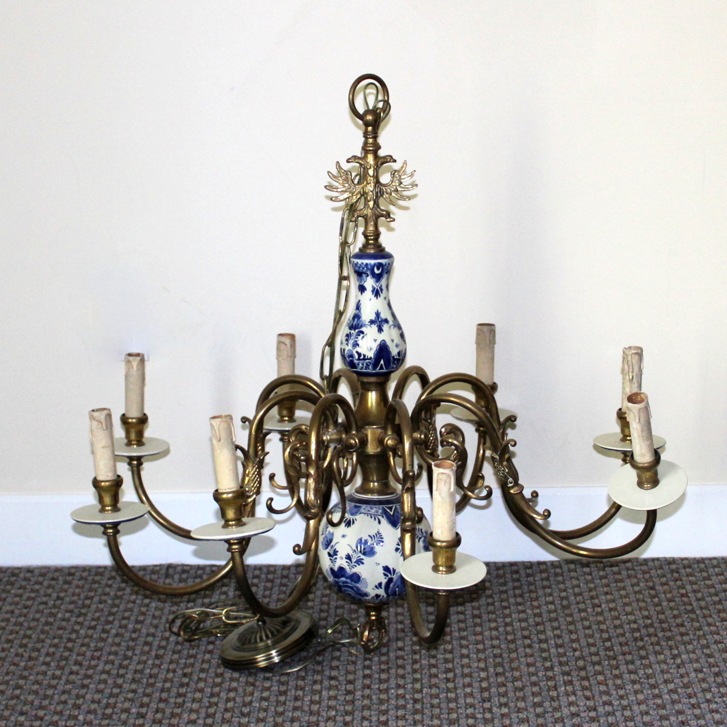 Vintage Brass and Delft China Chandelier