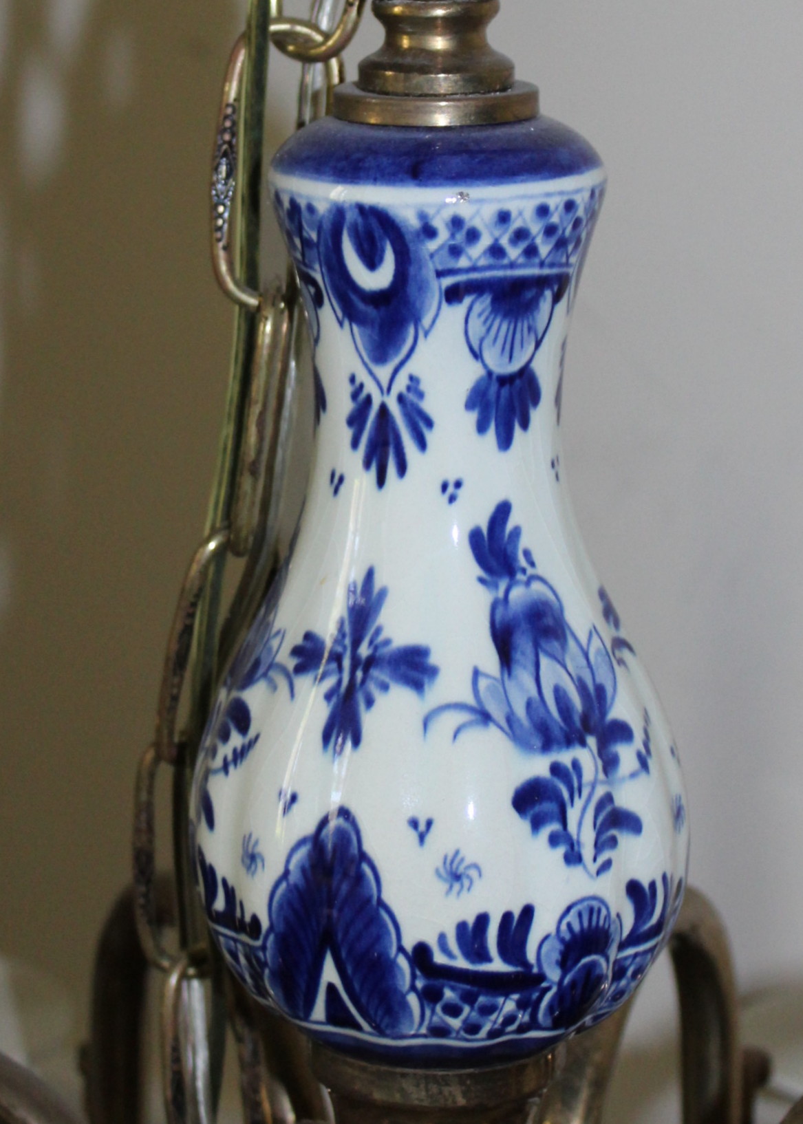 Vintage Brass and Delft China Chandelier