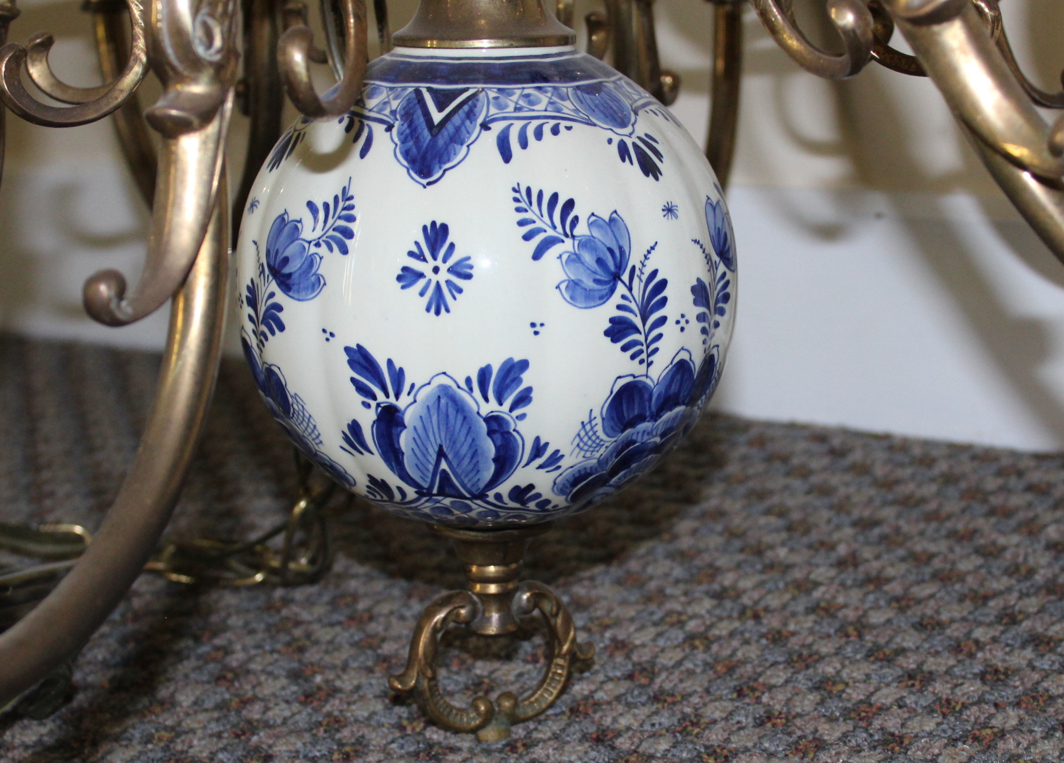 Vintage Brass and Delft China Chandelier