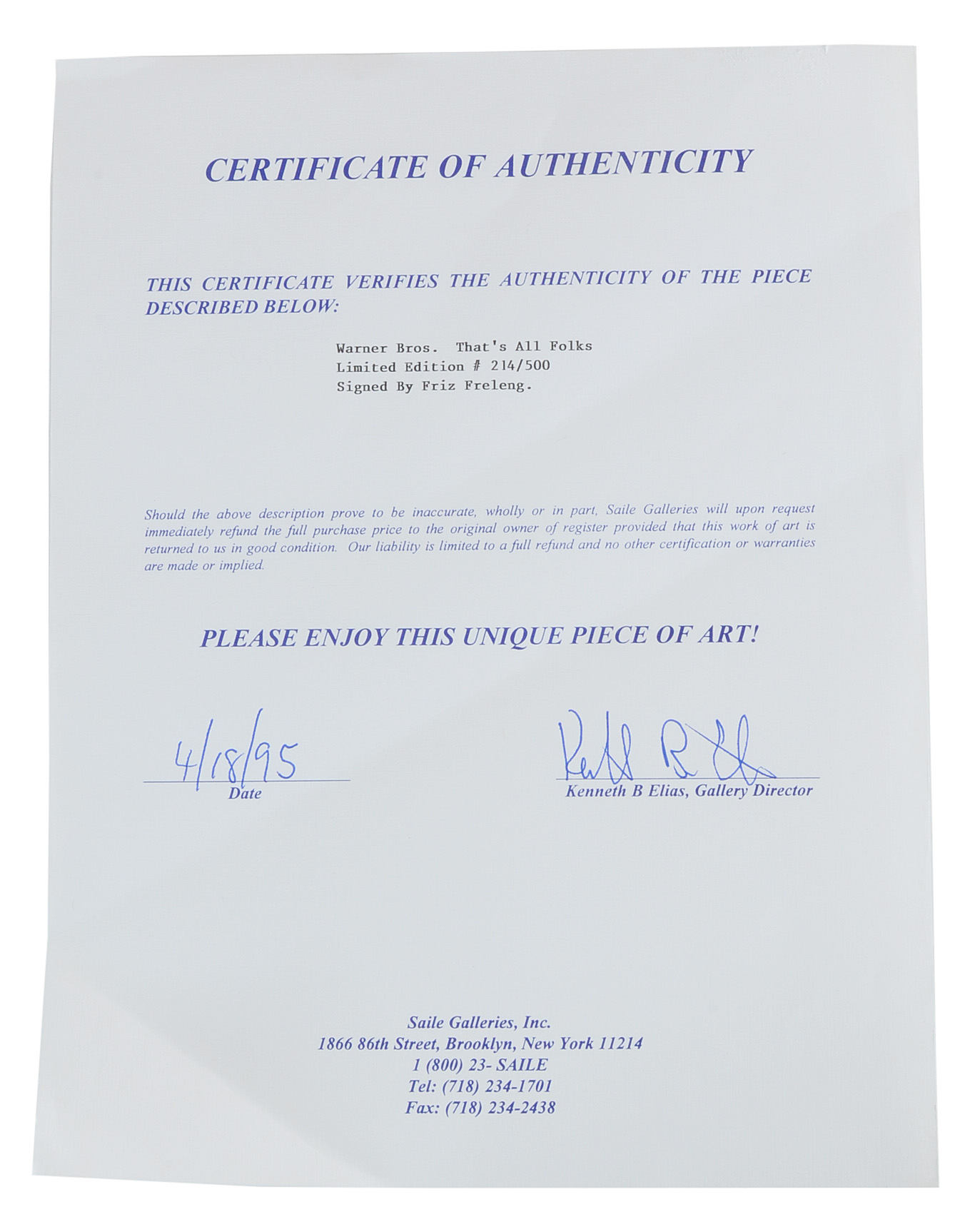 Autographed Original "Porky Pig" Warner Bros Cartoon Cel