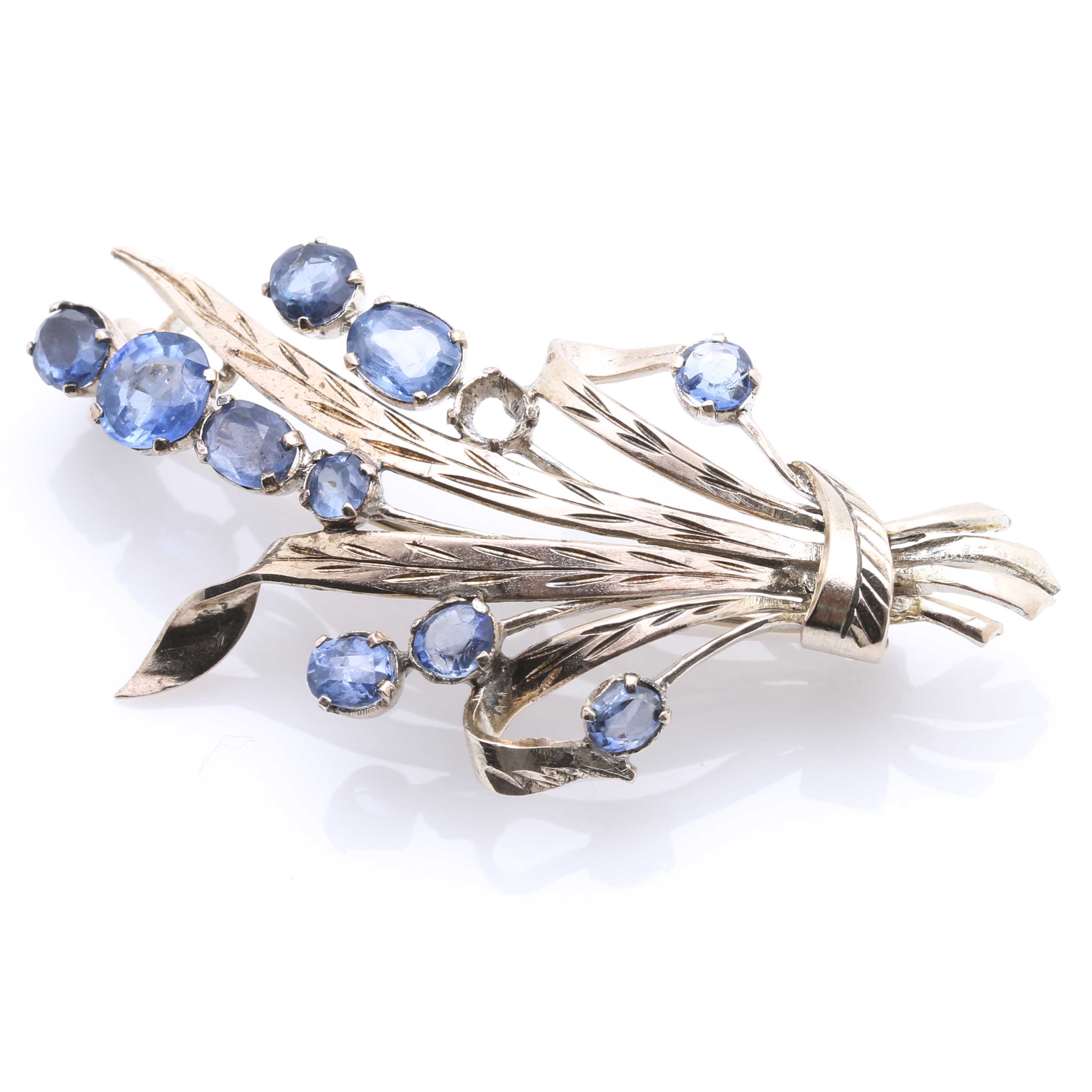 9K Yellow Gold Natural Sapphire Sheaf of Wheat Brooch