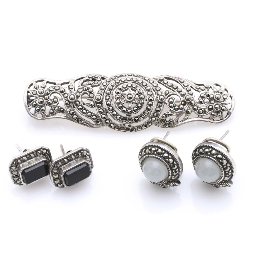 Sterling Silver Marcasite, Black Onyx, and Quartz Jewelry