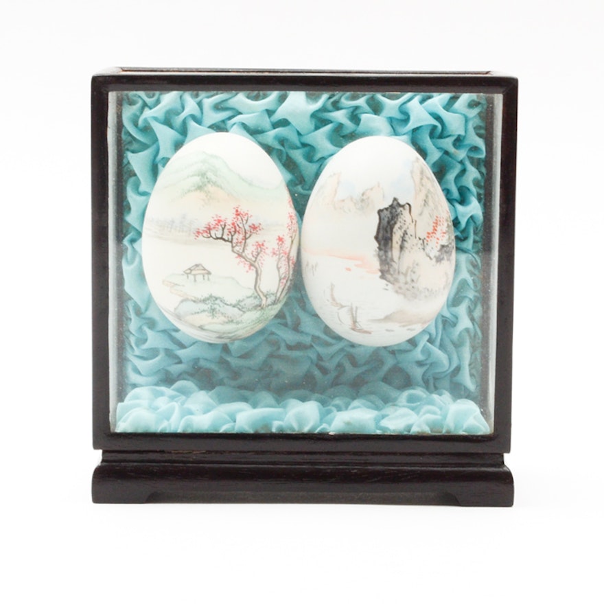 Chinese Hand Painted Eggs Depicting Landscapes in Glass Case
