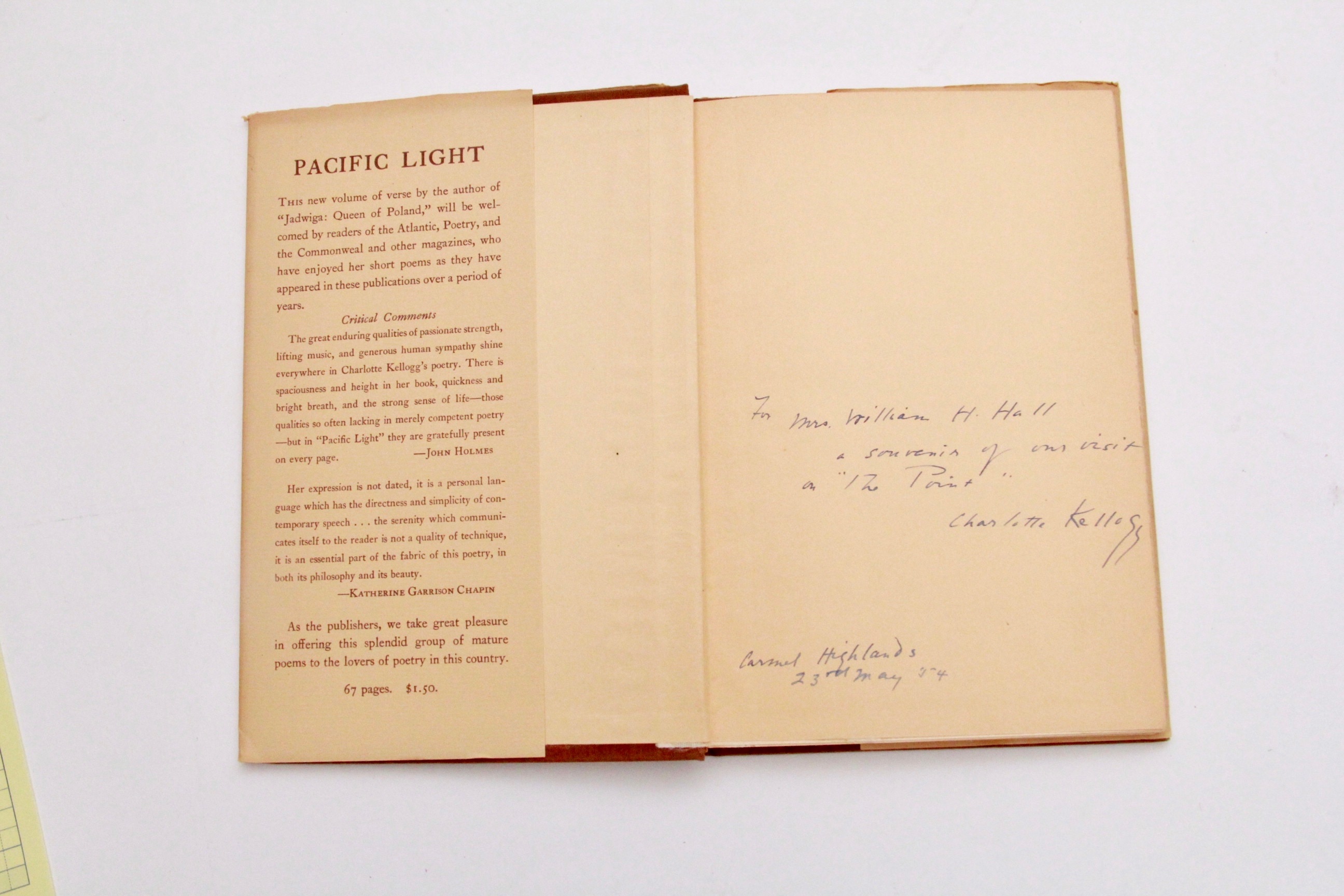 Signed First Edition "Pacific Light" Poetry Book by Charlotte Kellogg
