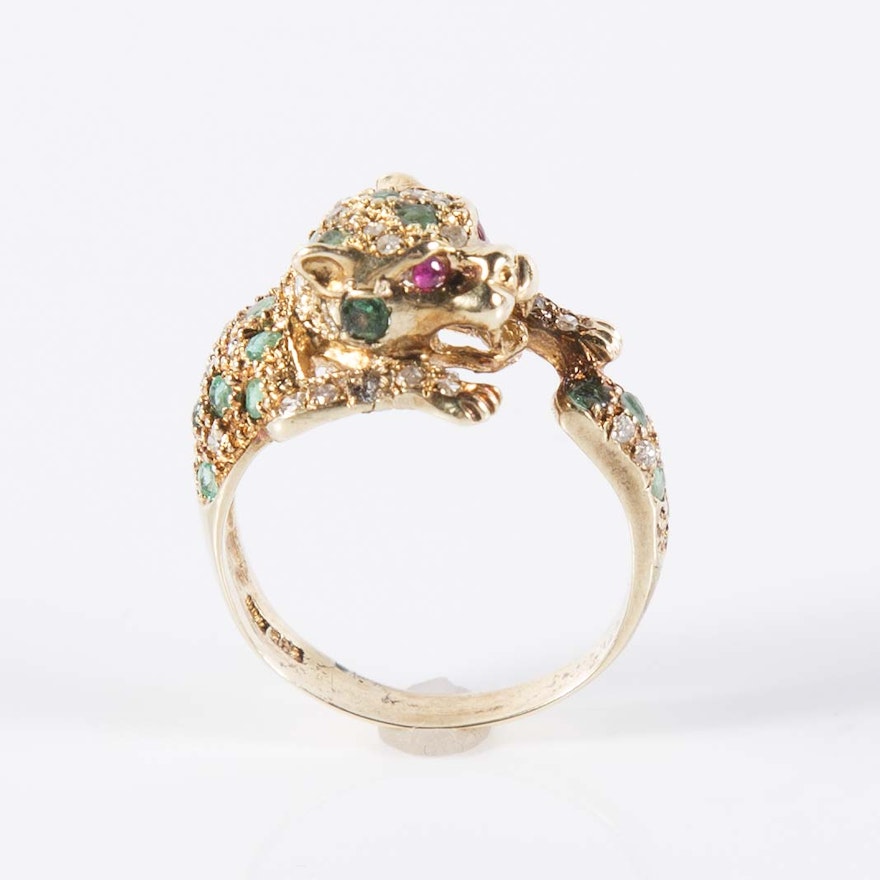 14K Yellow Gold Emerald, Ruby and Diamond Panther Ring