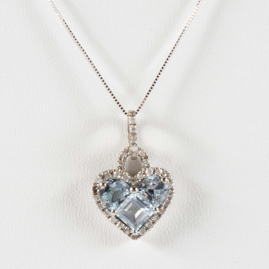 10K White Gold 2.83 CTW Blue Topaz and Diamond Pendant Necklace