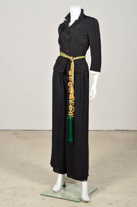 Prada Black Jacket, Pam McMahon Silk Chiffon Pants with Belt