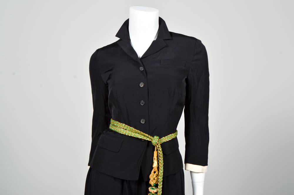 Prada Black Jacket, Pam McMahon Silk Chiffon Pants with Belt