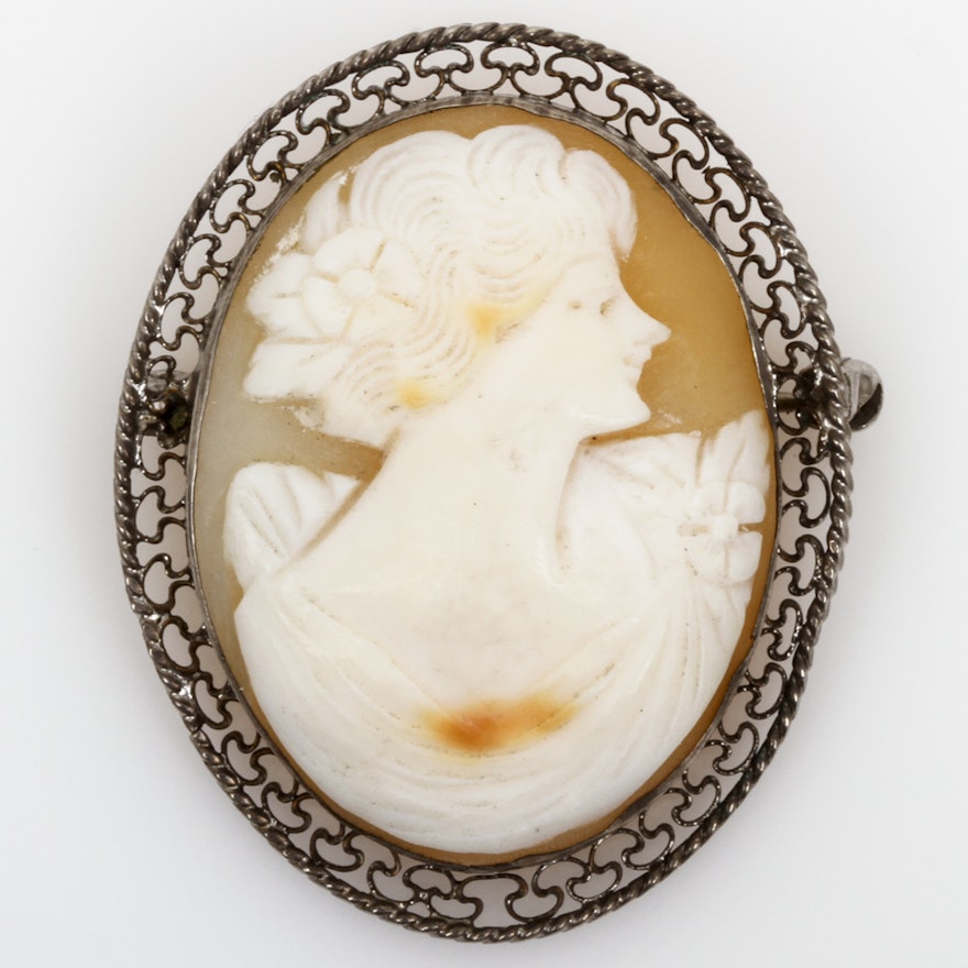 Antique Sterling Silver and Carved Shell Cameo Brooch