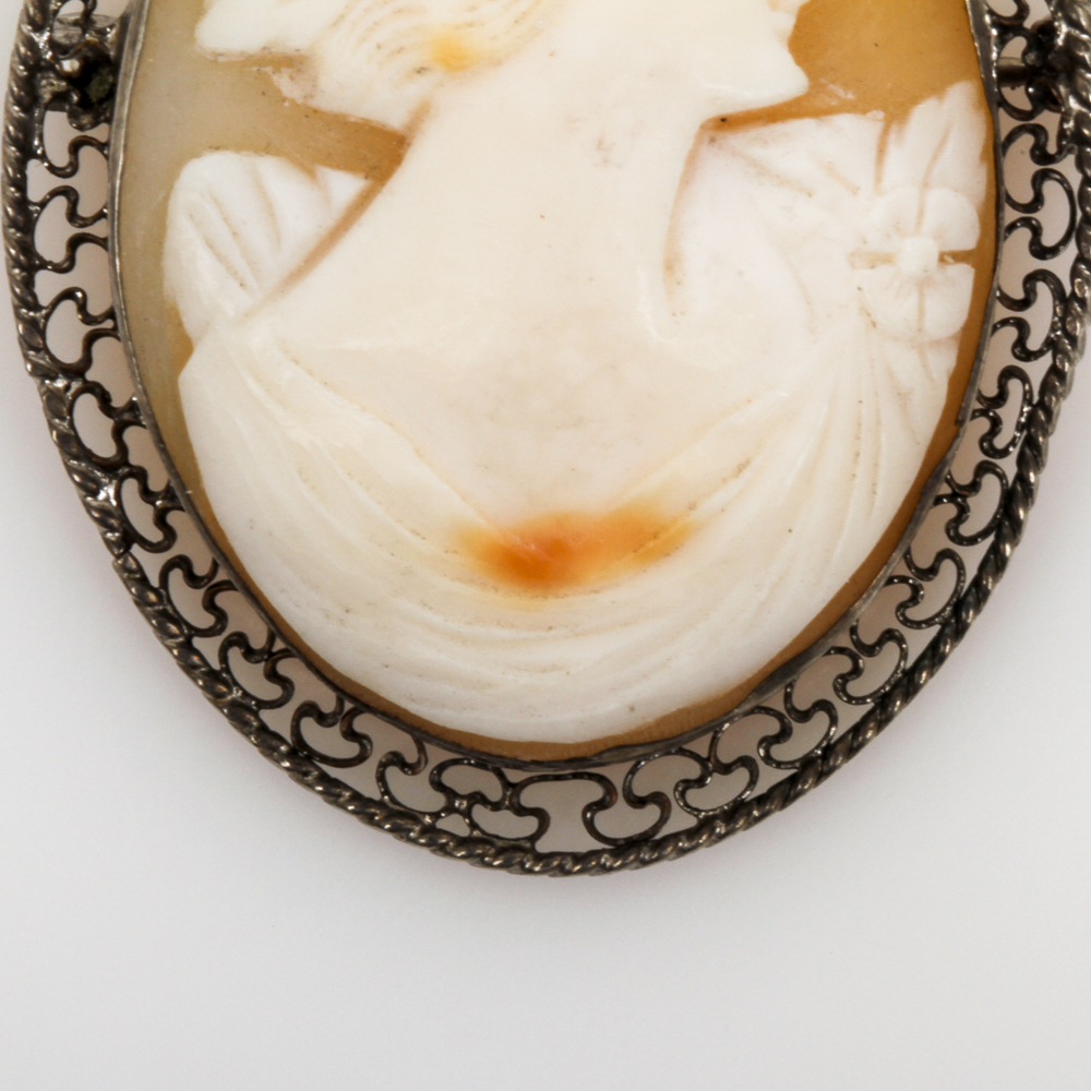 Antique Sterling Silver and Carved Shell Cameo Brooch