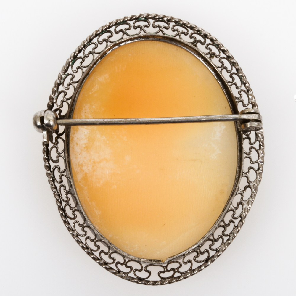 Antique Sterling Silver and Carved Shell Cameo Brooch